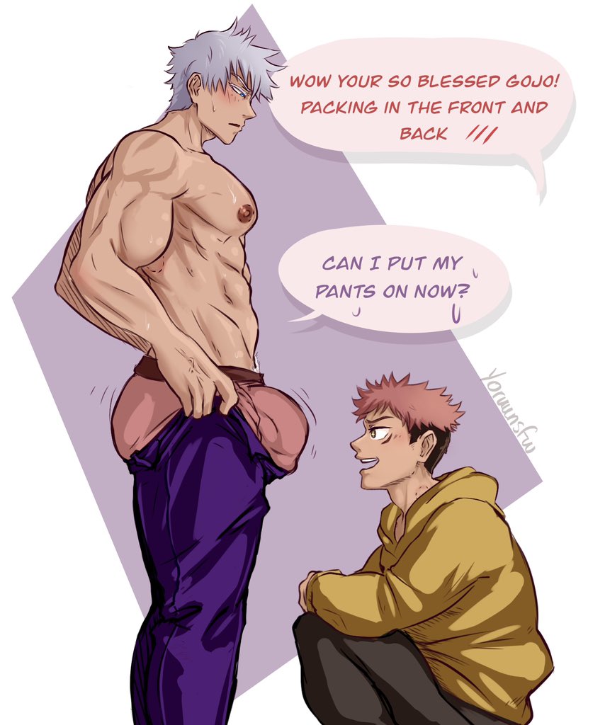 2boys abs big_penis blush bulge bulge_through_clothing gay huge_cock itadori_yuuji jujutsu_kaisen large_penis male male_only meme muscular muscular_male pecs penis_bulge satoru_gojo tight_pants_(meme) yaoi yoruunsfw