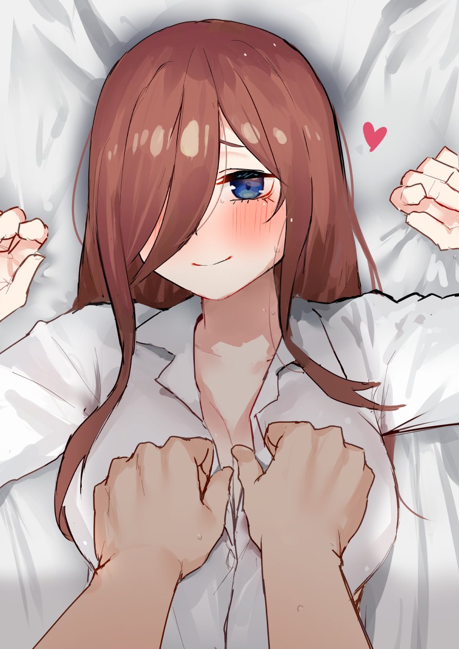 amog, blue eyes, blush, breasts, brown hair, cleavage, closed mouth, collared shirt, eyebrows hidden by hair, eyelashes, female, furrowed brow, go-toubun no hanayome, hair over one eye, hands up, happy, heart, highres, large breasts, long hair, long sleeves, looking at viewer, lying, nakano miku, on back, shirt, sidelocks, smile, solo focus, sweat, undressing another, upper body, white shirt