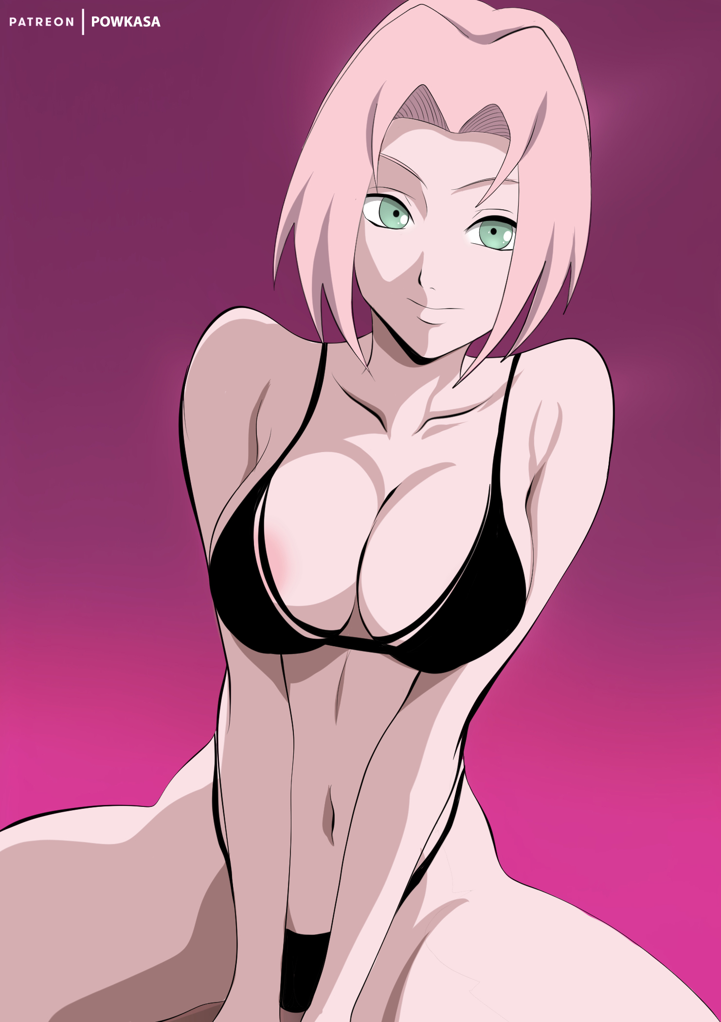 1girls, alternate breast size, ambiguous background, areola, areola slip, arm support, bare legs, bare shoulders, big breasts, bra, breasts, busty, cleavage, collarbone, female, female only, green eyes, highleg, highleg panties, long hair, looking at viewer, midriff, naruto, naruto (series), naruto shippuden, navel, panties, pink hair, powkasa, sakura haruno, shoulder length hair, sitting, smile, solo, solo focus, spread legs, thick thighs, underwear, voluptuous