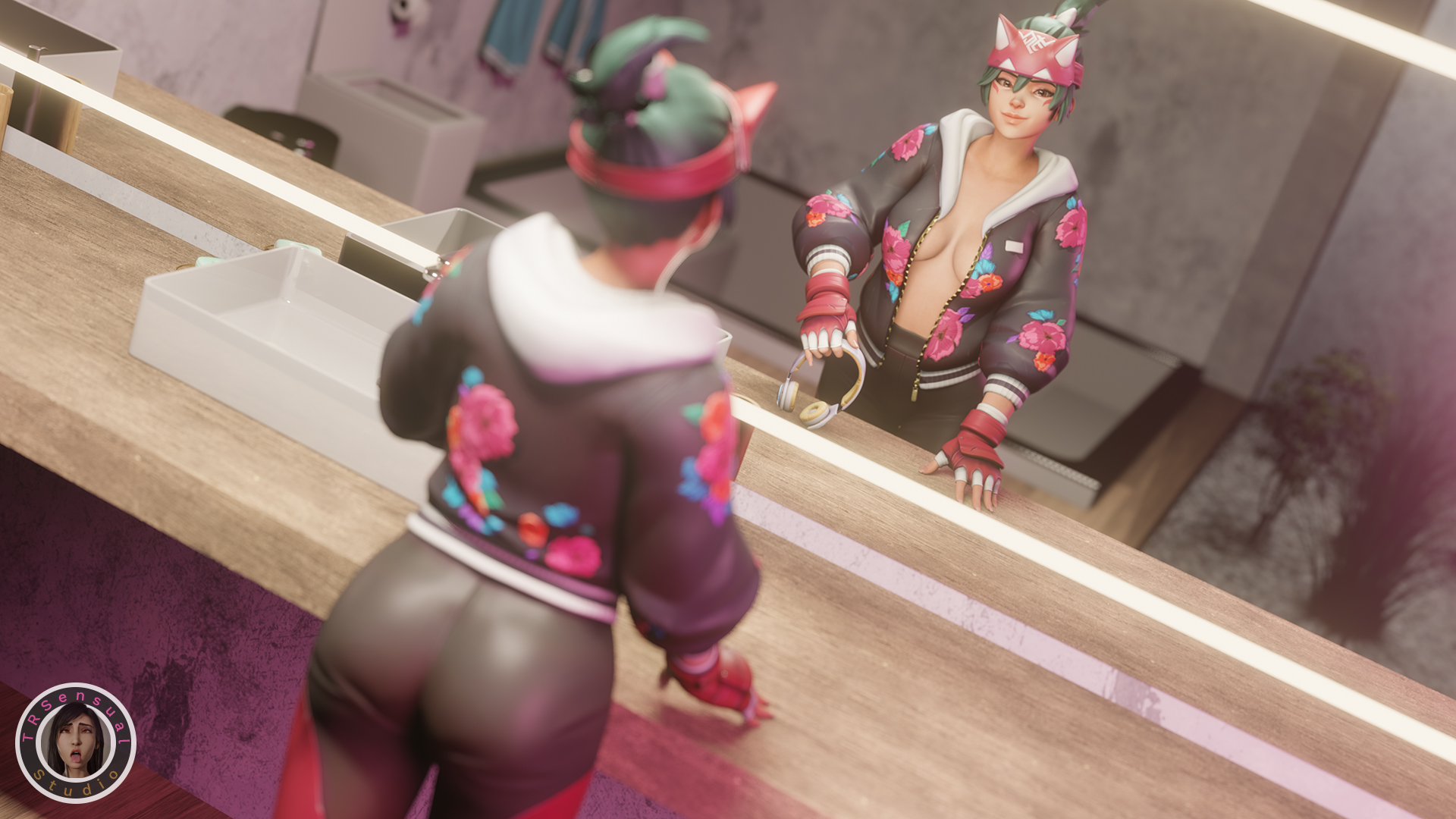 3d, ass, bathroom, big ass, big butt, breasts, brown eyes, female, fox mask, french nails, green hair, image, kiriko (overwatch), medium breasts, nude, overwatch, overwatch 2, ponytail, short hair, trsensualstudio, undressing, watermark