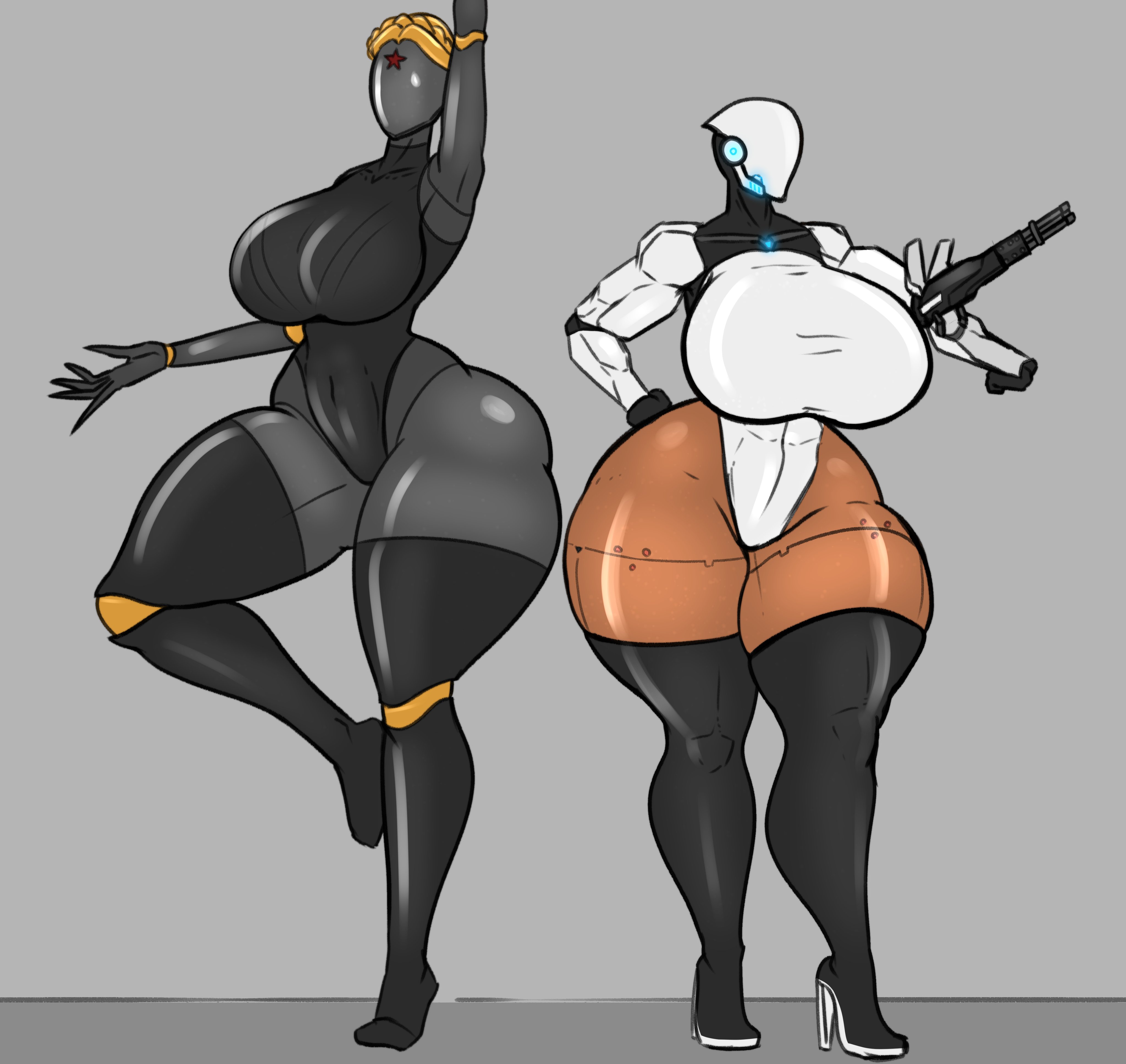 2girls, armpits, atomic heart, big breasts, black thighhighs, breasts, breasts bigger than torso, crossover, female, haydee, haydee (game), huge thighs, jigglephysics, leotard, multiple females, multiple girls, right (atomic heart), tagme, the twins (atomic heart), thick thighs, wide hips