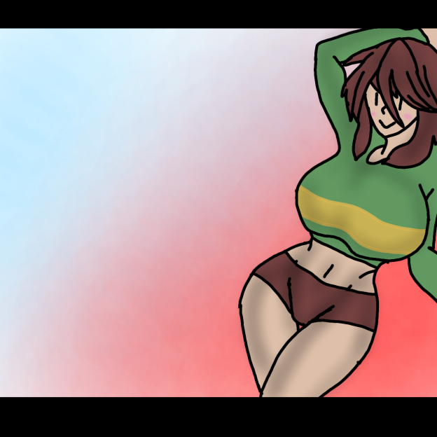 2d artist_request big_ass big_breasts big_hips bimbo blush brown_hair chara clothed color female female_focus ghost green_clothing hands_behind_head implied_sex long_sleeves short_hair short_shorts smiling tagme tagme_(artist) undertale undertale_(series) yellow_stripes