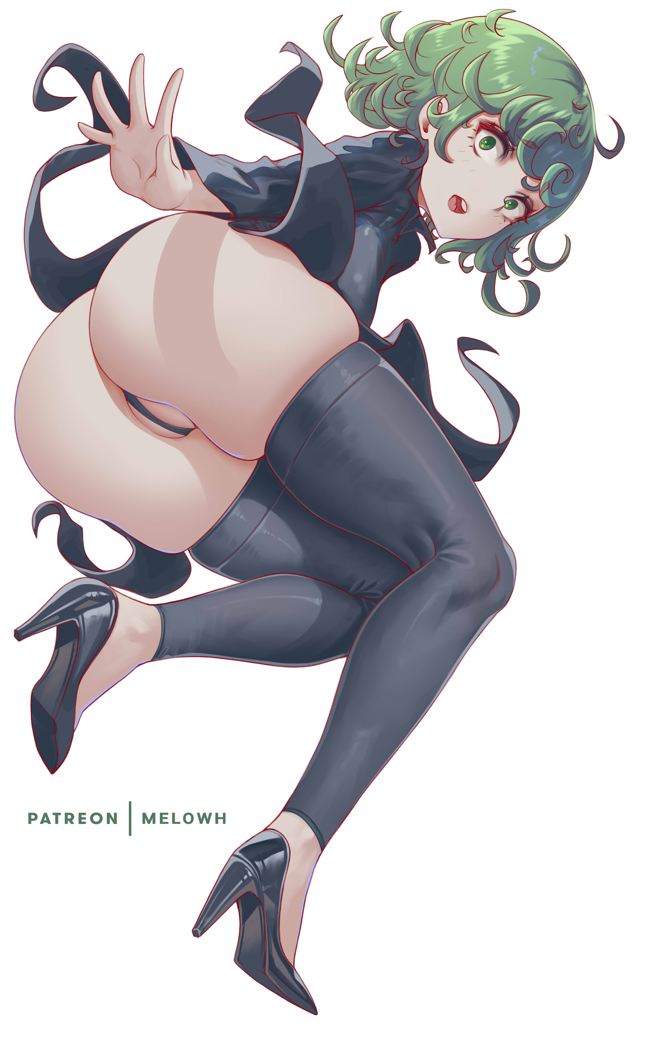 1girls, ass, breasts, bubble ass, bubble butt, female, female only, green eyes, green hair, large ass, large breasts, light skin, light-skinned female, looking at viewer, melowh, one-punch man, short hair, solo, tatsumaki, thighs, white background