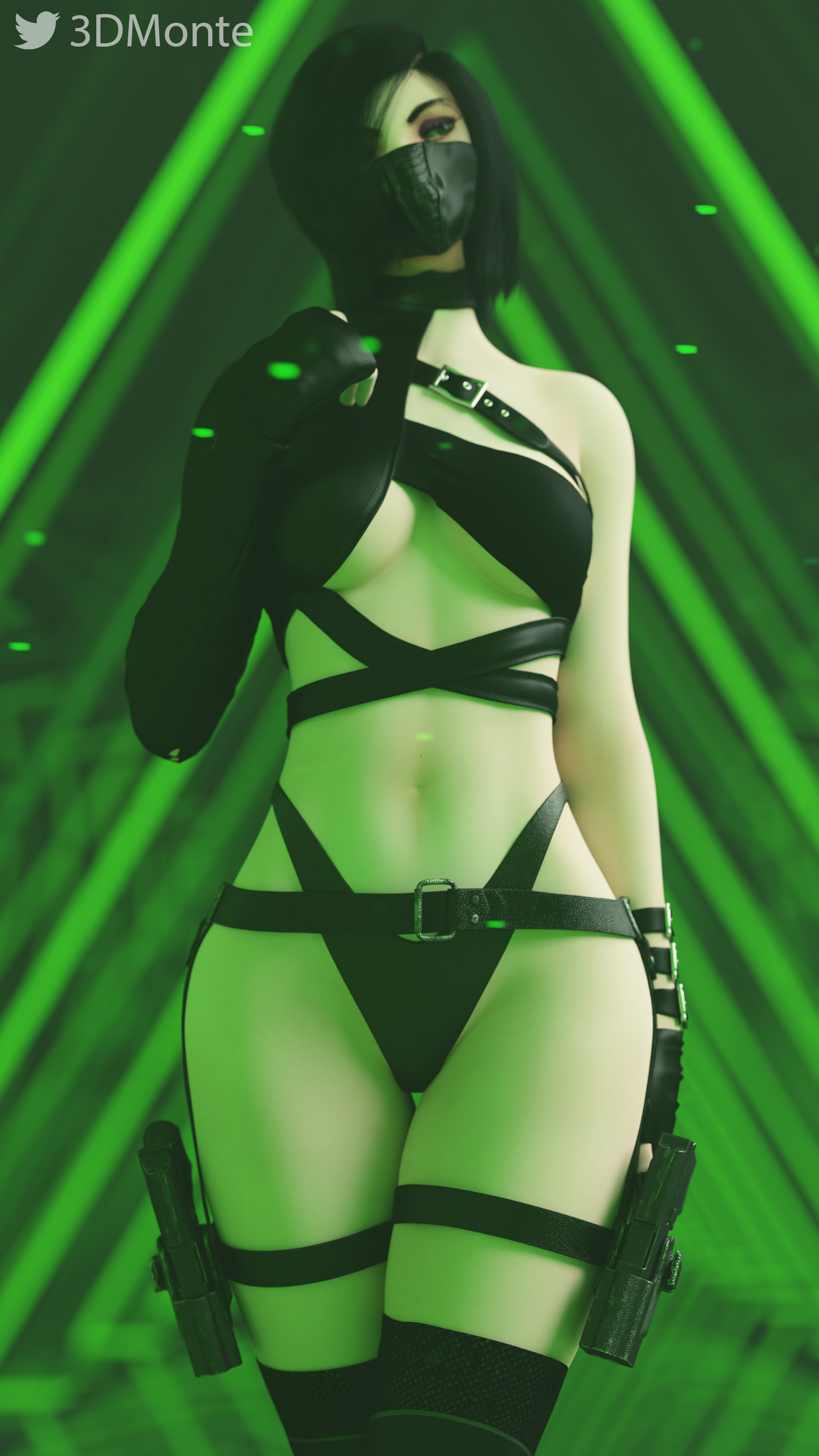 3d, 3dmonte, black hair, female, front view, green background, gun, leather boots, leather clothing, leather gloves, leather harness, leather straps, looking away, short hair, solo female, thick thighs, valorant, viper (valorant)