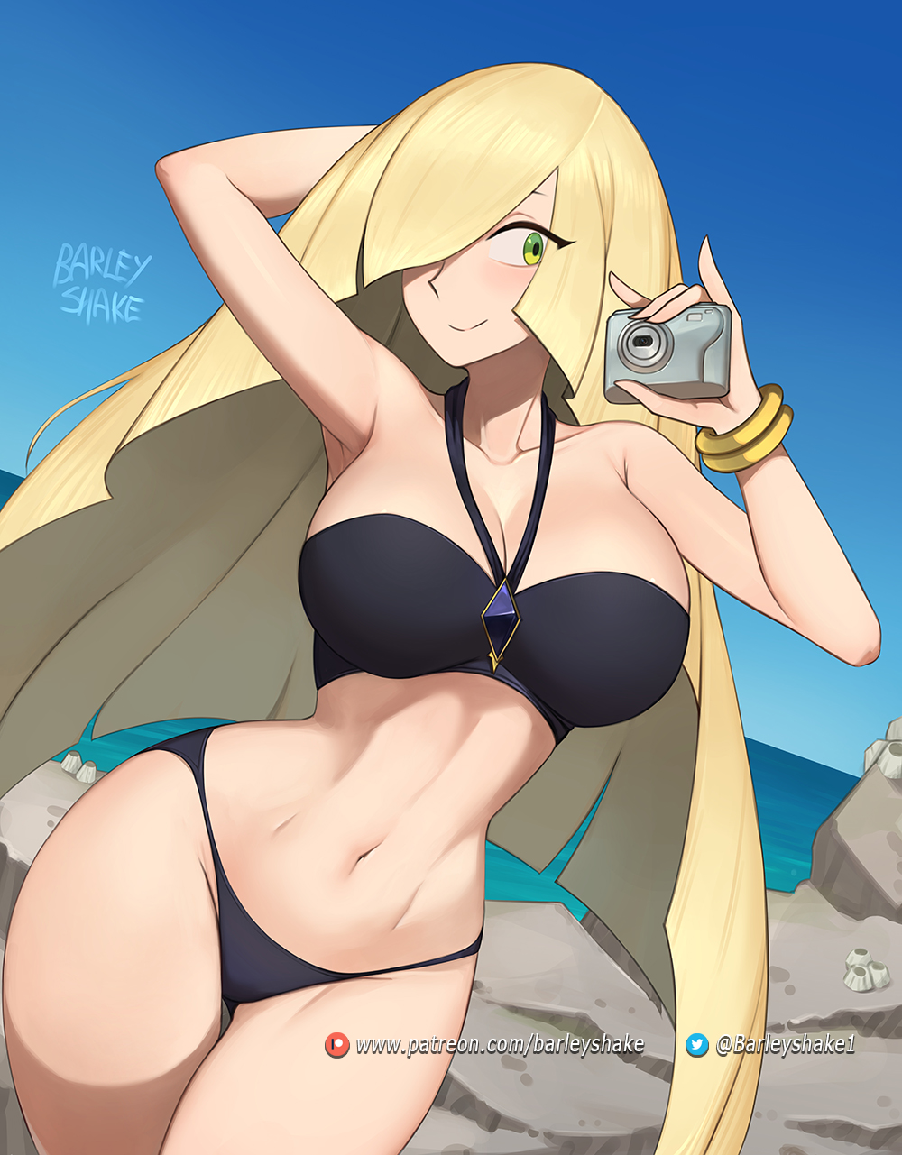 1girls armwear barleyshake beach big_breasts bikini bikini_bottom bikini_top black_bikini blonde_hair bracelet breasts camera cleavage female female_only game_freak green_eyes hair hair_over_one_eye hand_behind_head hips holding_object huge_breasts long_hair lusamine_(pokemon) mature mature_female mature_woman milf mother pokemon pokemon_sm smile solo solo_female swimwear thighs wide_hips