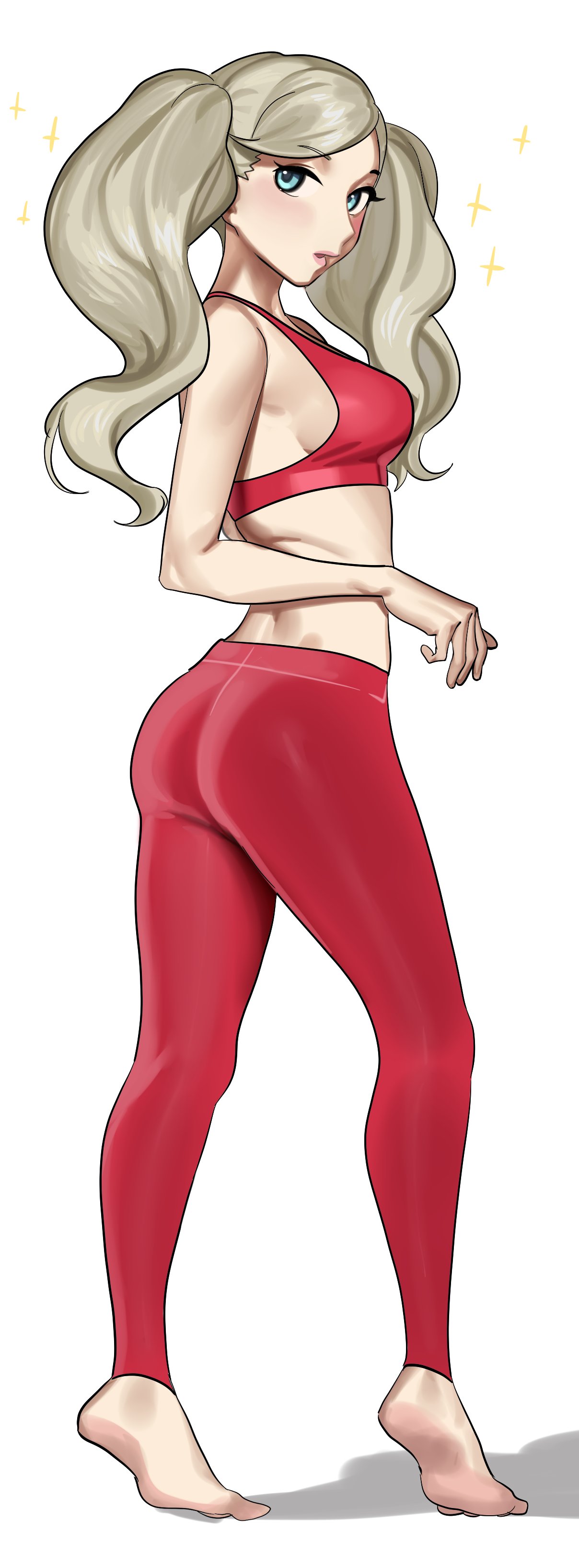 1girls ann_takamaki ass blonde_hair blue_eyes breasts butt leggings looking_at_viewer looking_back medium_breasts midriff nia_(nia4294) persona persona_5 petite red_leggings red_sports_bra red_yoga_pants sideboob sparkles sports_bra twintails white_background yoga_pants