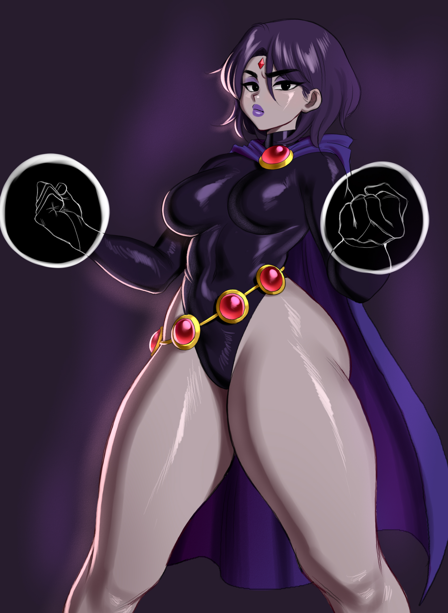 1girls, dc, dc comics, female, female only, hourglass figure, jiuukek, latex, legs, leotard, rachel roth, raven (dc), solo, teen titans, thick thighs, tight clothing