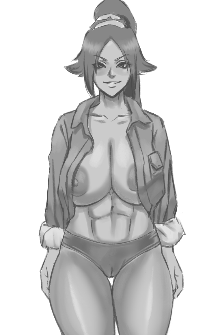 abs, big breasts, bleach, breasts, cameltoe, female, monochrome, nipples, ponytail, pussy, shihouin yoruichi, sketch, spageta