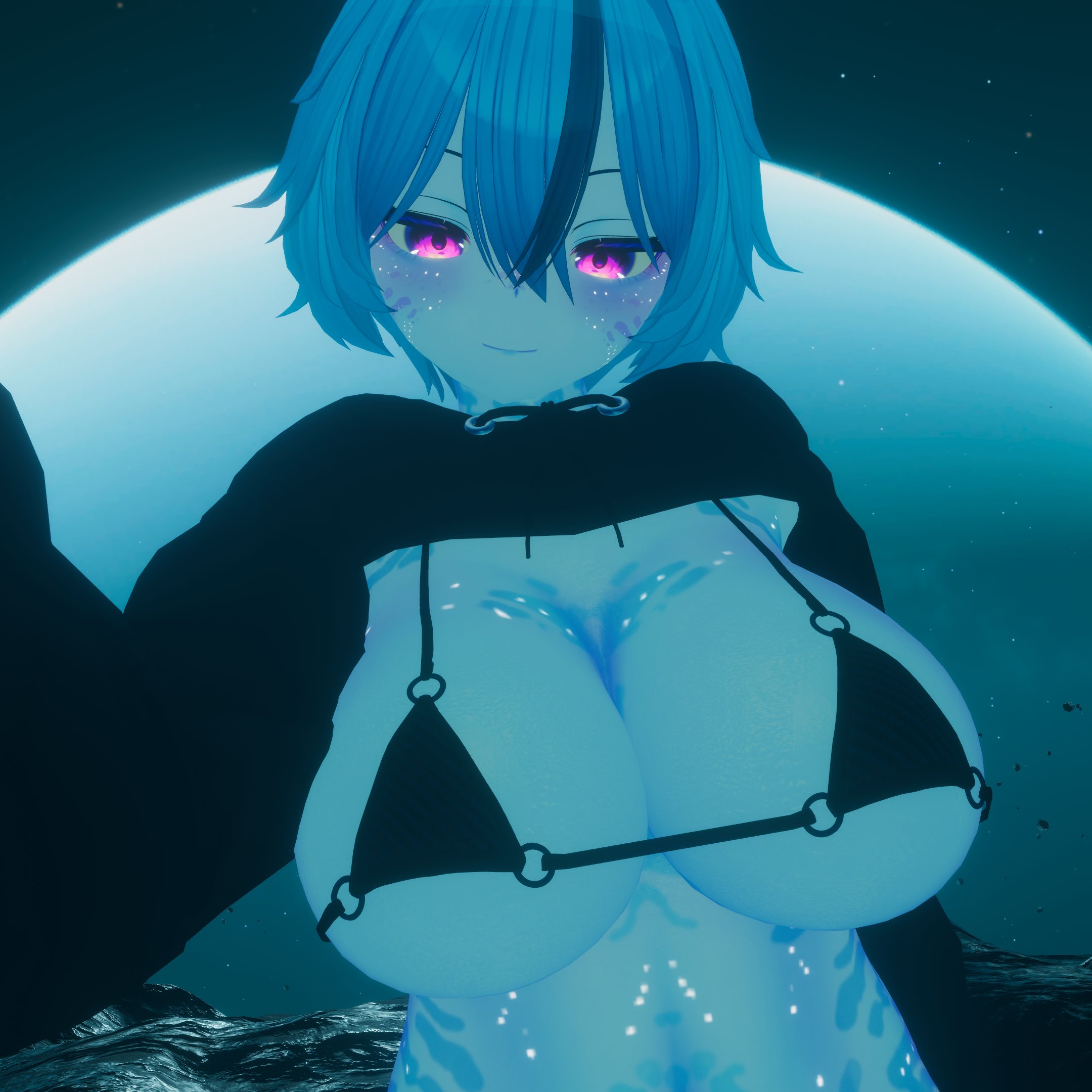 1girls, areolae, artsyvrc, big breasts, blue body, blue hair, blush, body markings, bra, breasts, cleavage, facial markings, female, female only, horny, horny female, huge breasts, large breasts, no pants, panties, purple eyes, selfie, solo, solo female, sweater, sweater lift, thick thighs, thighhighs, virtual youtuber, vrchat