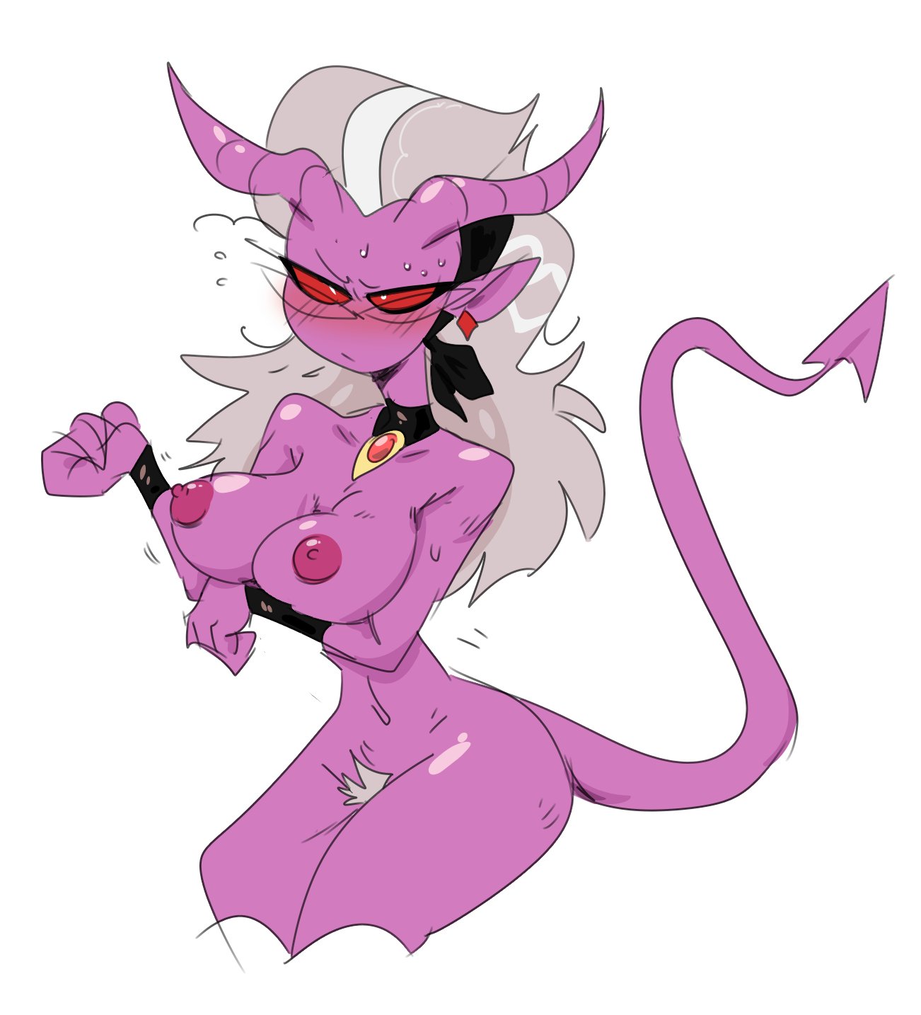 1girls, big breasts, breasts, completely nude, demon, demon girl, demon horns, demon humanoid, female, female focus, female only, helluva boss, horns, humanoid, long sleeves, mature female, mayberry (helluva boss), mhdrawin, nude, nude female, purple body, purple skin, red sclera, tail