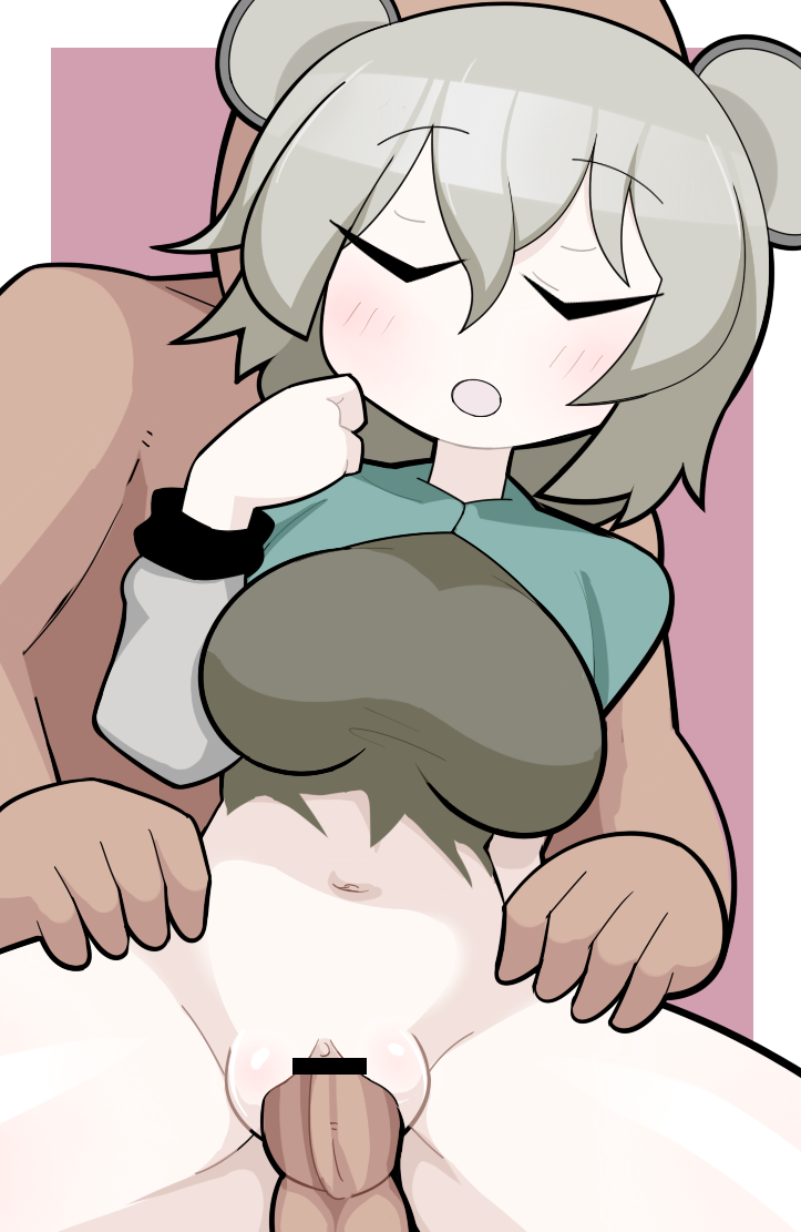 1boy alternate_form animal_ears bar_censor blush breasts capelet censored clitoris closed_eyes clothed_female_nude_male clothed_sex commentary cookie_(touhou) cowboy_shot dress dutch_angle female green_capelet grey_dress grey_hair hair_between_eyes hospital_king large_breasts long_bangs mouse_ears mouse_girl navel nazrin nude nyon_(cookie) penis pussy sex sex_from_behind short_hair solo_focus straight tamago_(cookie) torn_clothes torn_dress touhou two-tone_background vaginal_penetration white_background