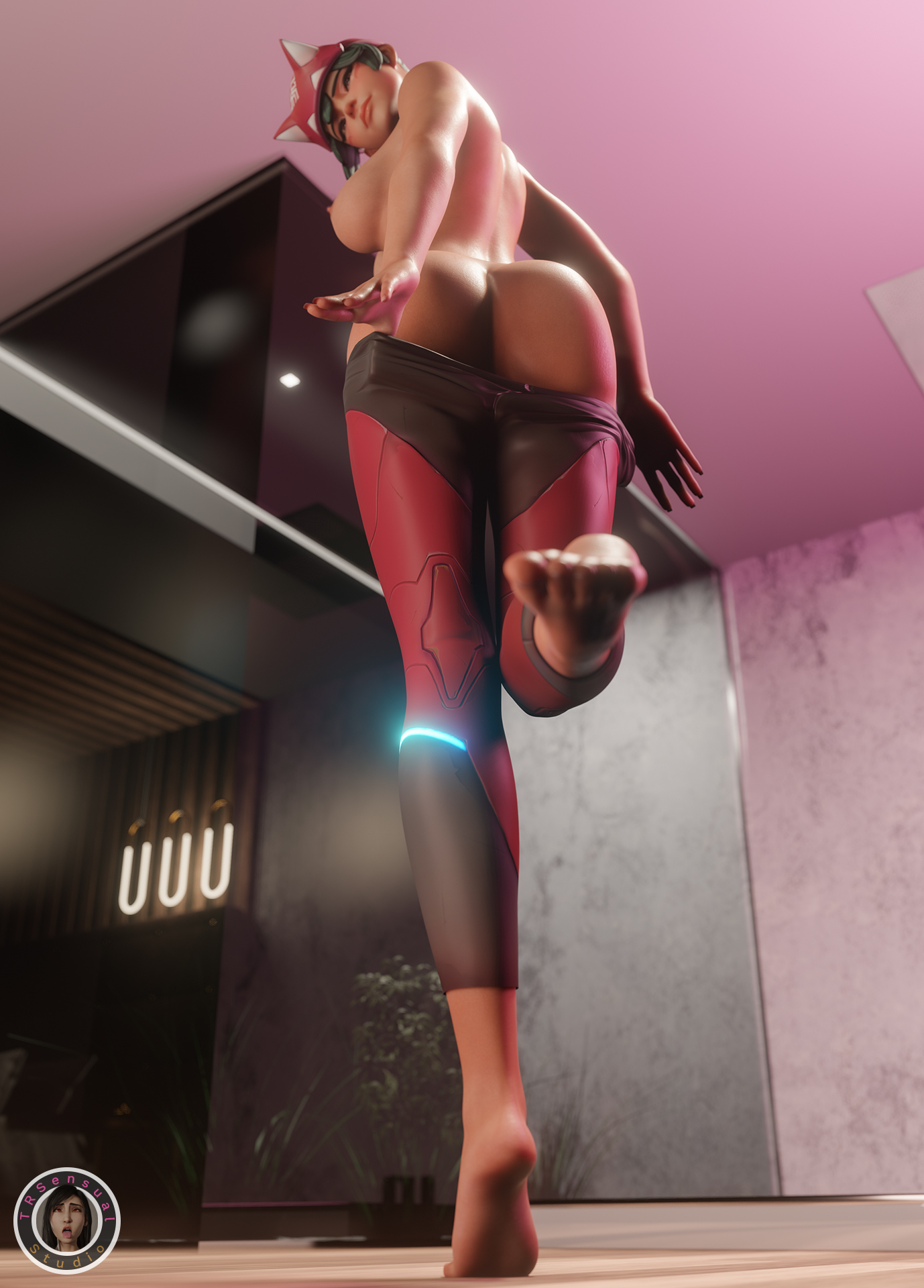 3d, ass, bathroom, big ass, big butt, breasts, brown eyes, feet, female, foot fetish, fox mask, french nails, green hair, image, kiriko (overwatch), medium breasts, nude, overwatch, overwatch 2, ponytail, short hair, trsensualstudio, undressing, watermark