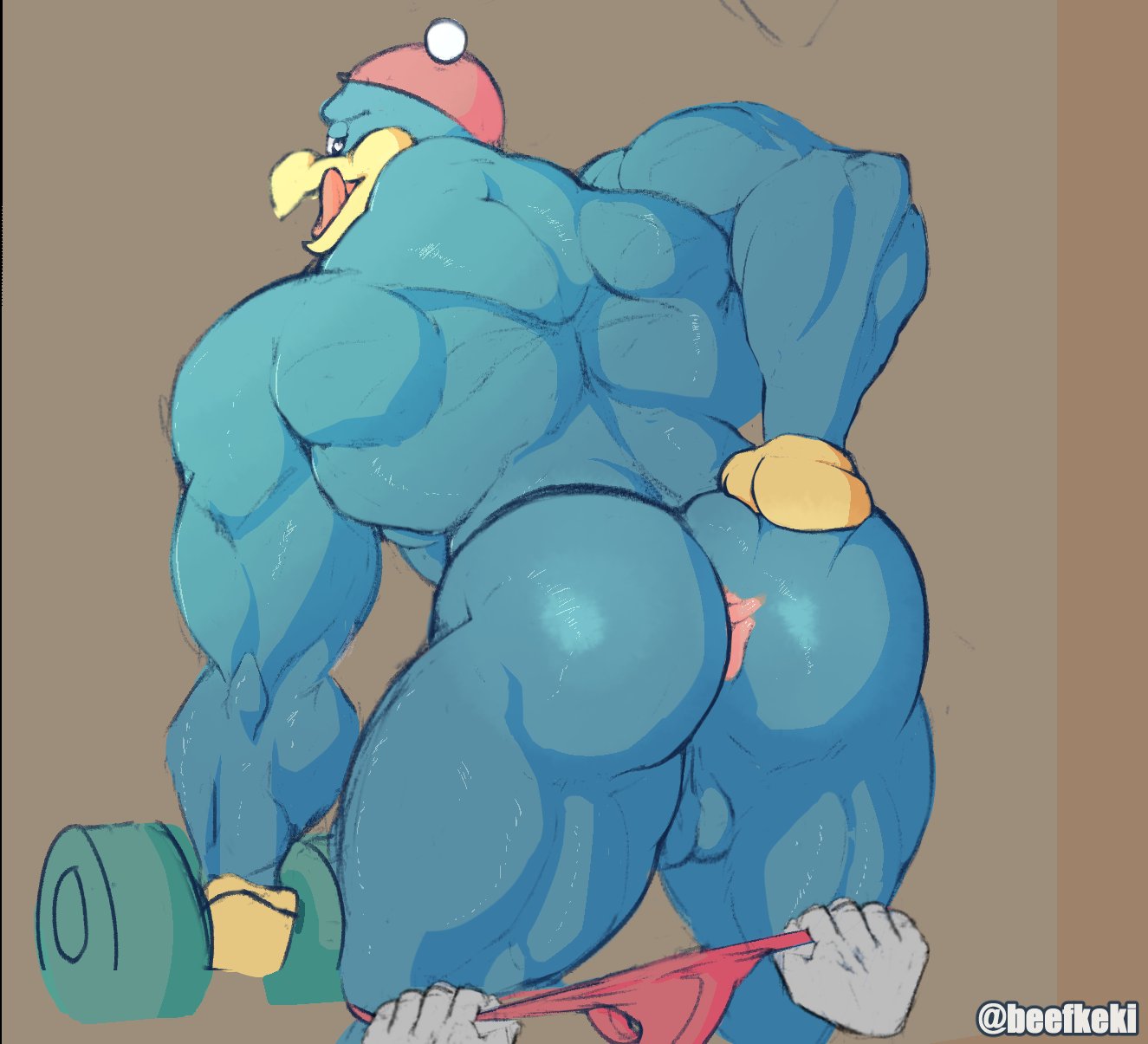 anthro ass backsack balls bara barazoku beefkeki blue_body exercise furry hat king_dedede kirby_(series) licking_lips male male_only muscles muscular nintendo nude penguin spreading_ass underwear_down undressing weightlifting