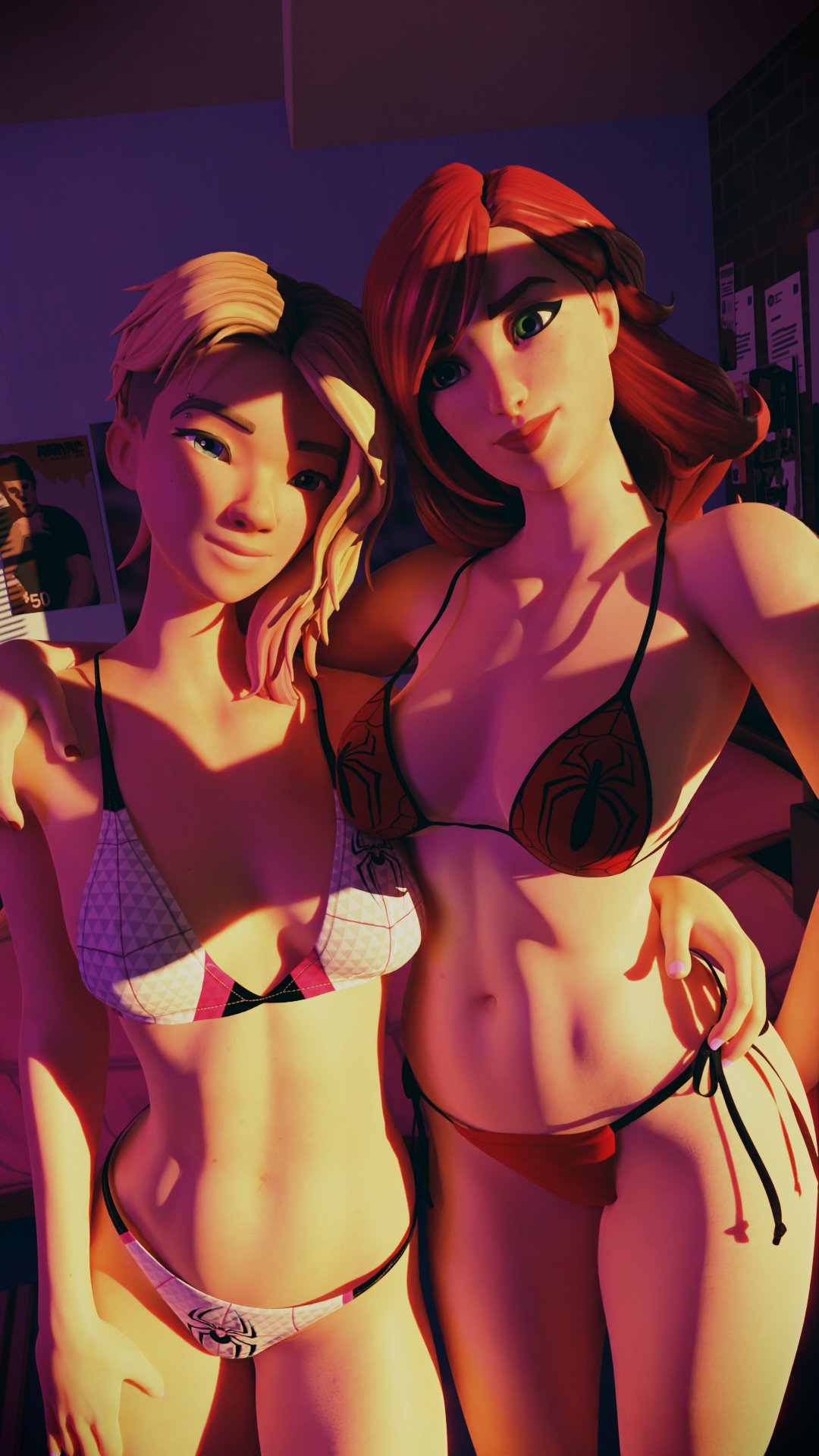 2girls, 3d, artist request, bikini, blonde hair, blue eyes, bra, breasts, duo, female, female only, fortnite, gwen stacy, gwen stacy (spider-verse), hip grab, hips, human, light skin, light-skinned female, lipstick, marvel, marvel comics, mary jane watson, mary jane watson (fortnite), panties, red hair, redhead, short hair, smile, solo female, spider-gwen, spider-gwen (fortnite), spider-man: across the spider-verse, straight hair, superheroine, wide hips