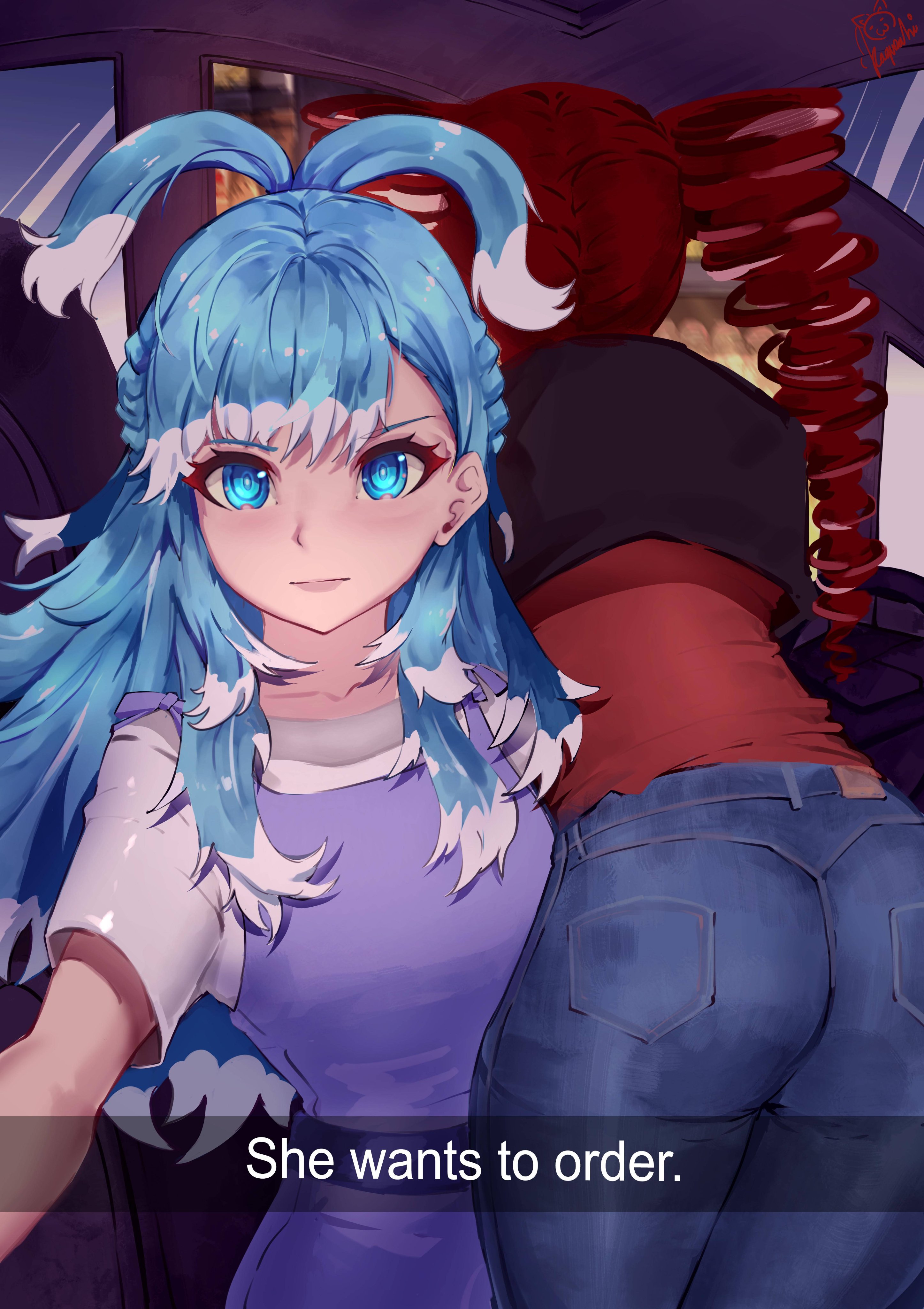 2girls, ass, blue eyes, blue hair, car, clothed, drill hair, female, female only, he wants to order, hi res, hololive, hololive indonesia, hololive indonesia holoh3ro, hololive indonesia holoro, jeans, kagurachi, kobo kanaeru, kureiji ollie, meme, pants, red hair, selfie, she wants to order, twintails, virtual youtuber