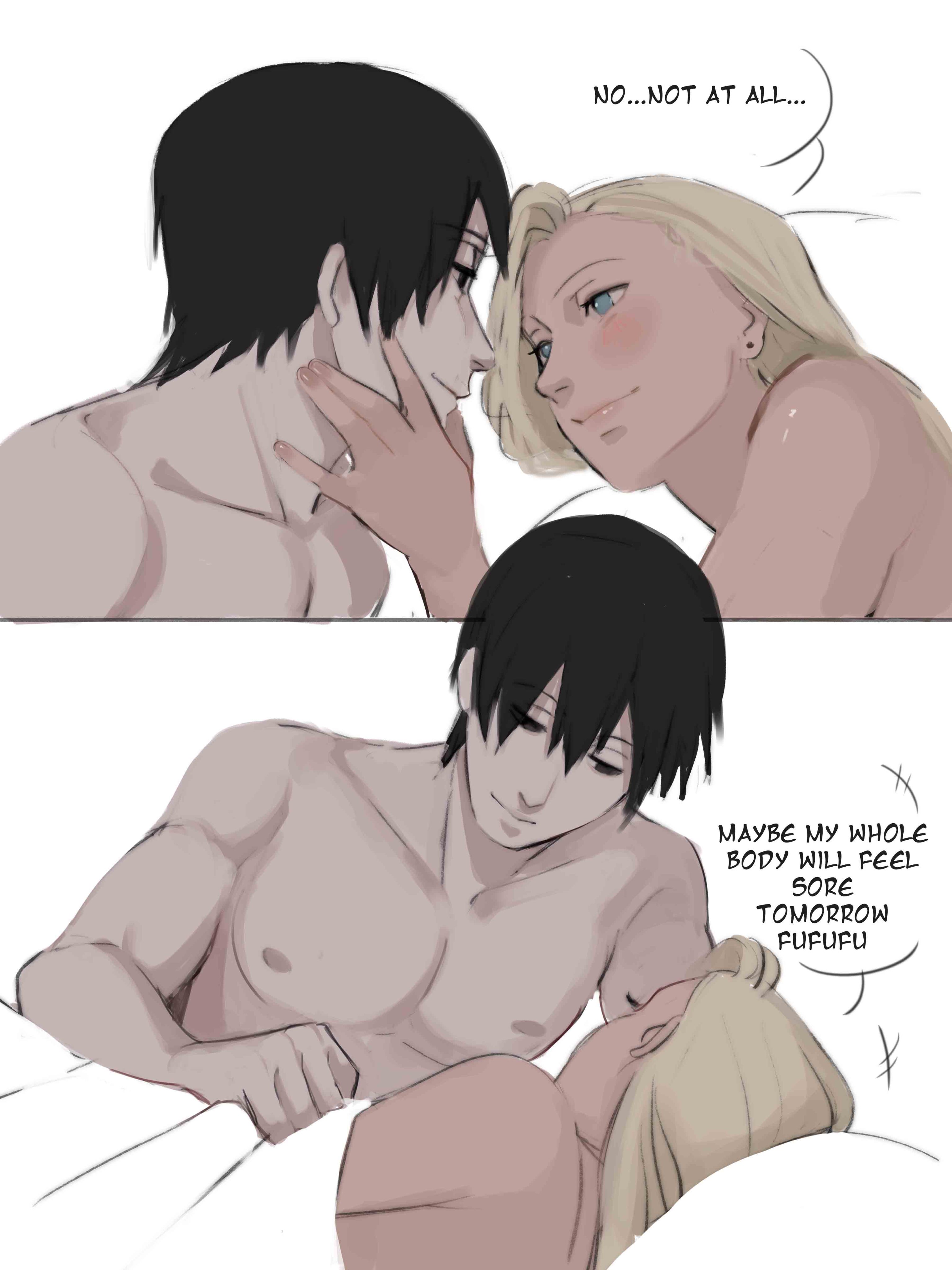 1boy, 1girls, absurd res, bare shoulders, bed, bed sheet, bedding, bedroom, bedroom eyes, black eyes, black hair, blonde hair, blue eyes, canon couple, caress, caressing, caressing face, comic, couple, dialogue, english text, female, hi res, high resolution, highres, husband and wife, ino yamanaka, light skin, light-skinned female, light-skinned male, lips, lipstick, looking at another, looking at partner, makeup, male, married couple, monday mint, nail polish, narrowed eyes, naruto, naruto (series), naruto shippuden, naruto: the last, painted nails, pale skin, pale-skinned female, pale-skinned male, pink lips, pink lipstick, pink nail polish, pink nails, romantic, romantic ambiance, romantic couple, sai, shounen jump, speech bubble, story, straight, text, topless, topless female, topless male, white background