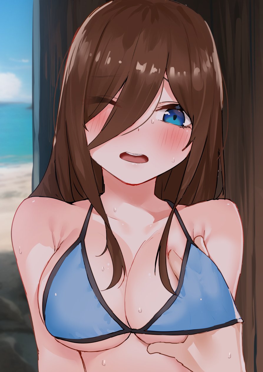 1boy 1girls amog armpit_crease bare_shoulders beach bikini blue_bikini blue_eyes blush breast_grab breasts brown_hair cleavage collarbone commentary day female furrowed_brow go-toubun_no_hanayome grabbing groping hair_over_one_eye hand_under_clothes hand_under_swimsuit head_tilt highres large_breasts long_hair looking_at_viewer male_pov nakano_miku ocean one_eye_closed open_mouth outdoors pov round_teeth sidelocks solo_focus swimsuit teeth upper_teeth_only wet