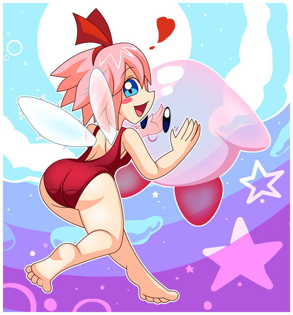 ass blue_eyes blush fairy fairy_wings female_focus happy heart inflatable_toy kirby kirby_(series) looking_back luigifan222 nintendo open_mouth pink_hair purple_background ribbon ribbon_(kirby) short_hair smile starry_background swimsuit ♡