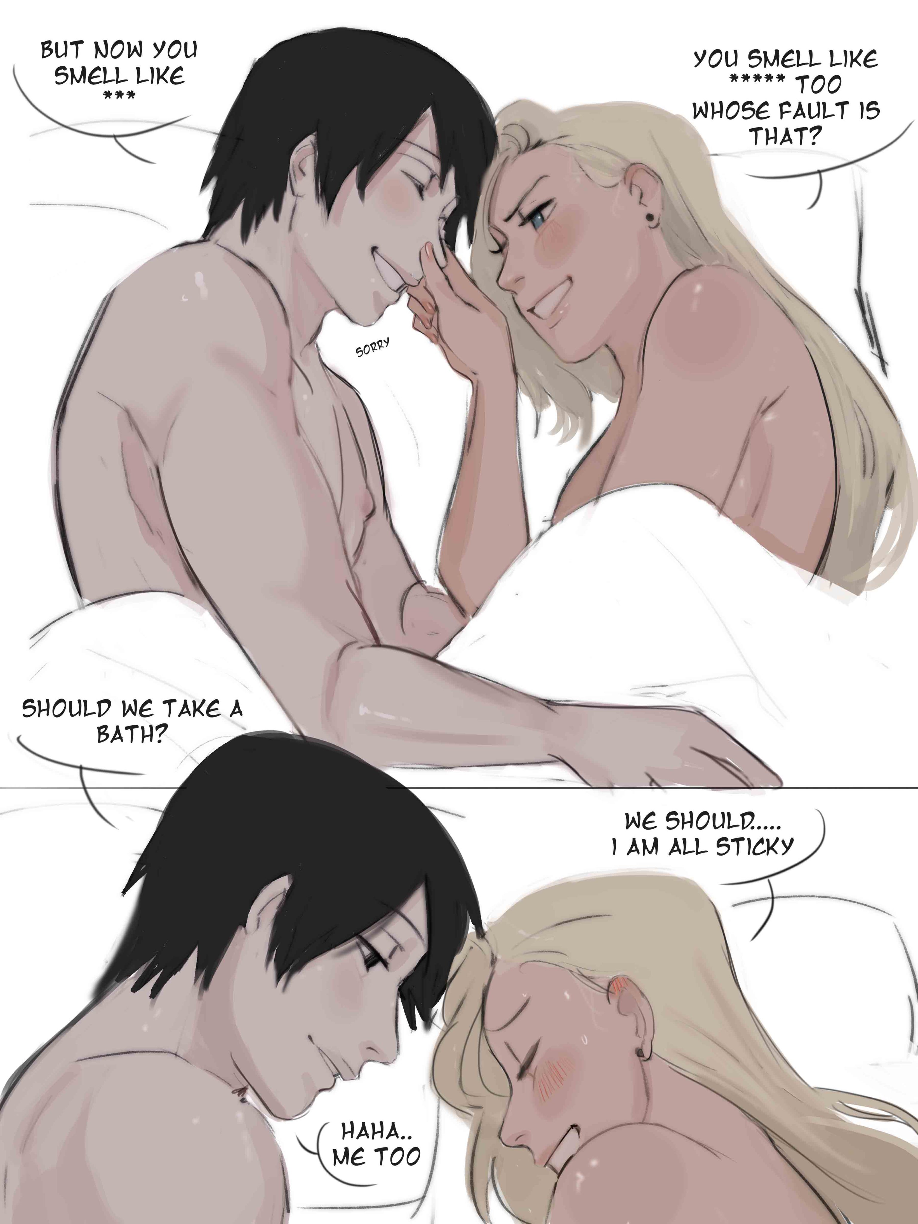1boy, 1girls, absurd res, bed, bed sheet, bedding, bedroom, black eyes, black hair, blonde hair, blue eyes, breasts, canon couple, closed eyes, comic, couple, cuddling, dialogue, english text, female, hi res, high resolution, highres, husband and wife, ino yamanaka, light skin, light-skinned female, light-skinned male, lips, lipstick, male, married couple, monday mint, narrowed eyes, naruto, naruto (series), naruto shippuden, naruto: the last, on bed, on side, pale skin, pale-skinned female, pale-skinned male, pink lips, pink lipstick, romantic, romantic ambiance, romantic couple, sai, shounen jump, smile, smiling, speech bubble, story, straight, text, topless, topless female, topless male, white background