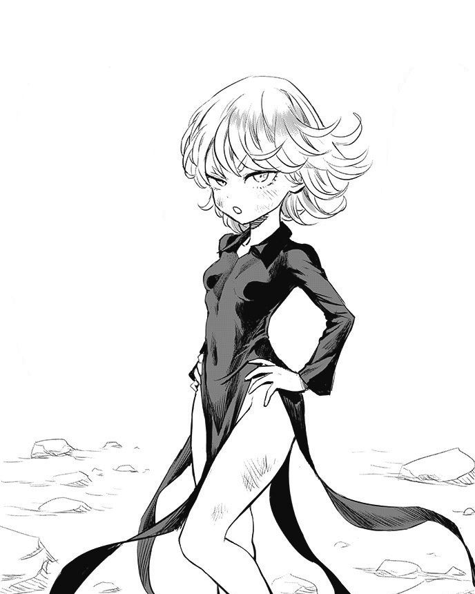 1girls black_dress female green_hair greyscale legs manga monochrome murata_yuusuke no_panties one-punch_man short_hair small_breasts tatsumaki