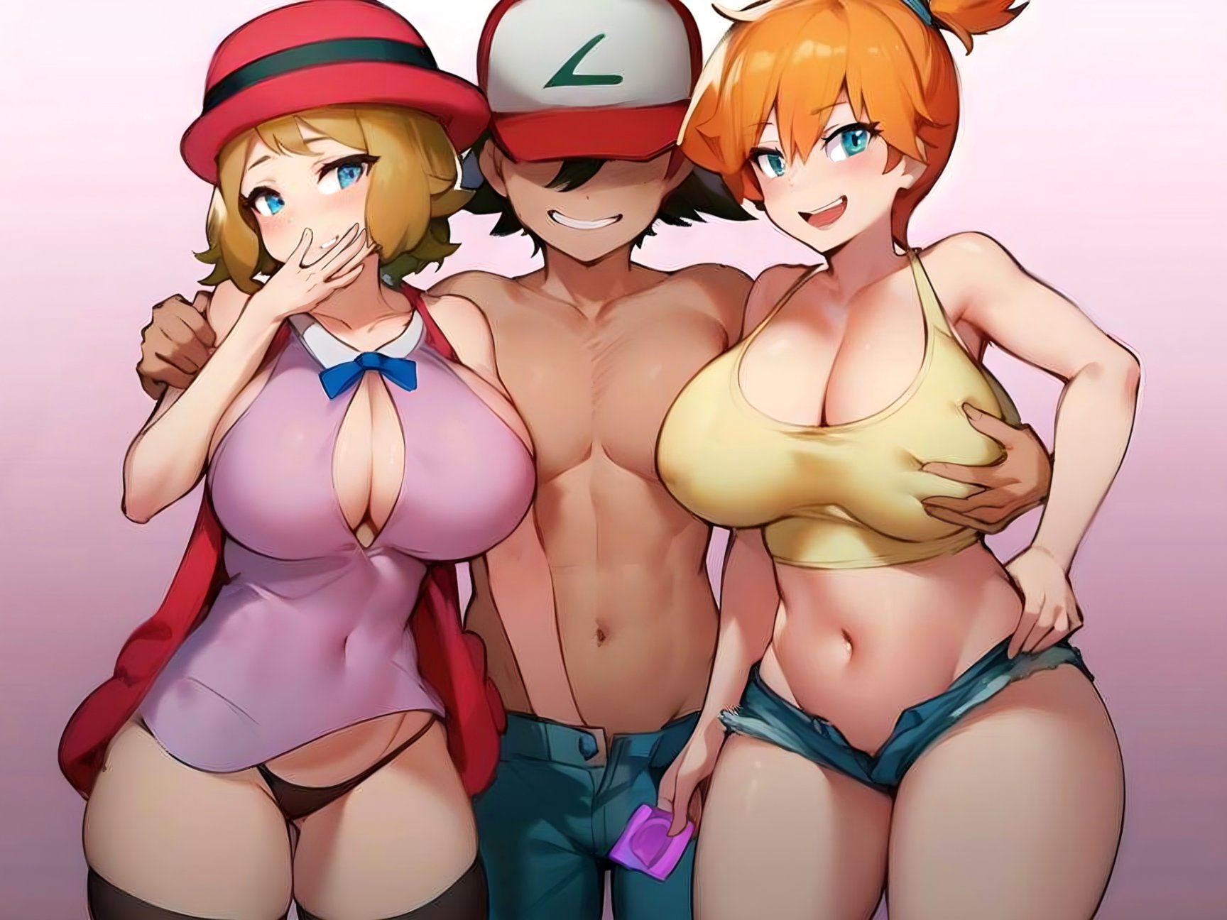 1boy, 2girls, ai generated, alternate breast size, ash ketchum, big breasts, blue eyes, breast grab, breasts, brown hair, condom, condom wrapper, cucarachaaa, curvy, curvy female, faceless male, female, front view, groping, hands on breast, hat, honey hair, imminent sex, kasumi (pokemon), large breasts, looking at viewer, male, minishorts, misty (pokemon), multiple girls, narrow shoulders, nintendo, no pants, orange hair, pimp, pokemon, pokemon rgby, pokemon xy, pokemon xy (anime), satoshi (pokemon), serena (pokemon), short hair, standing, thick thighs, thighhighs, thighs, thin arms, thong, threesome, unzipped pants, wide hips