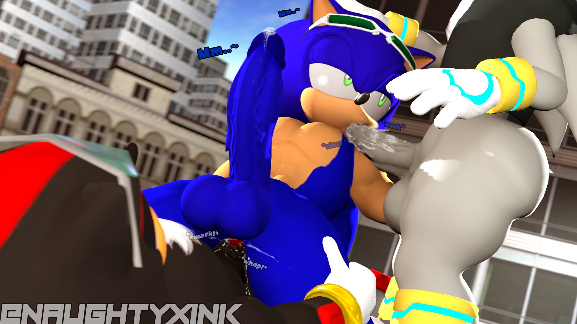 3boys, 3d, 3d (artwork), anthro, anthro on anthro, anthro only, anthro penetrated, anthro penetrating, anthro penetrating anthro, ass, balls, balls deep, ballsack, black fur, blowjob, blue fur, bottomless, bracelet, city, city background, cowgirl position, cum, cum in ass, cum in mouth, cum inside, english text, erection, female, femboy, femboy on femboy, femboy only, femboydom, femboysub, furry, furry only, gay, gay sex, girly, green eyes, half-closed eyes, hand on head, hedgehog, holding legs, male, male only, male penetrated, male penetrating, male/male, male/male/male, mobian (species), multicolored fur, muscular, naked, naughtyxink, on back, on top, penile penetration, penis, precum, public, public sex, sega, sfm, shadow the hedgehog, silver the hedgehog, sonic (series), sonic riders, sonic the hedgehog, sonic the hedgehog (series), source filmmaker, tagme, threesome, veiny penis, white fur, white gloves, yaoi