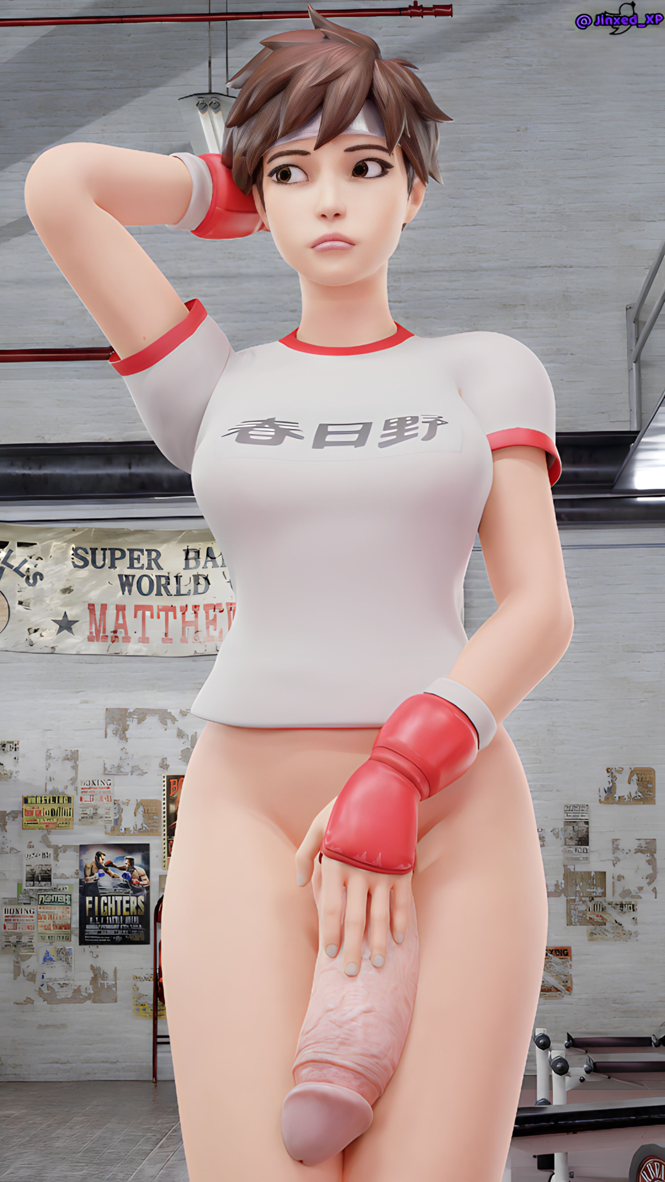 1futa, 3d, balls, big penis, bottomless, brown hair, english text, flaccid, fortnite, futa only, futanari, gym, hiding erection, hiding penis, huge cock, hung futa, intersex, japanese text, jinxed xp, large penis, penis, public, public exposure, sakura kasugano, sakura kasugano (fortnite), short hair, street fighter, surprised, veiny penis