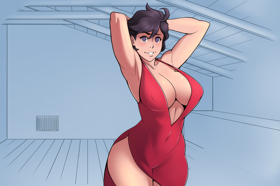 armpits artist_request big_breasts character_request dress jane_(snow_daze) milf red_dress revealing_clothes snow_daze