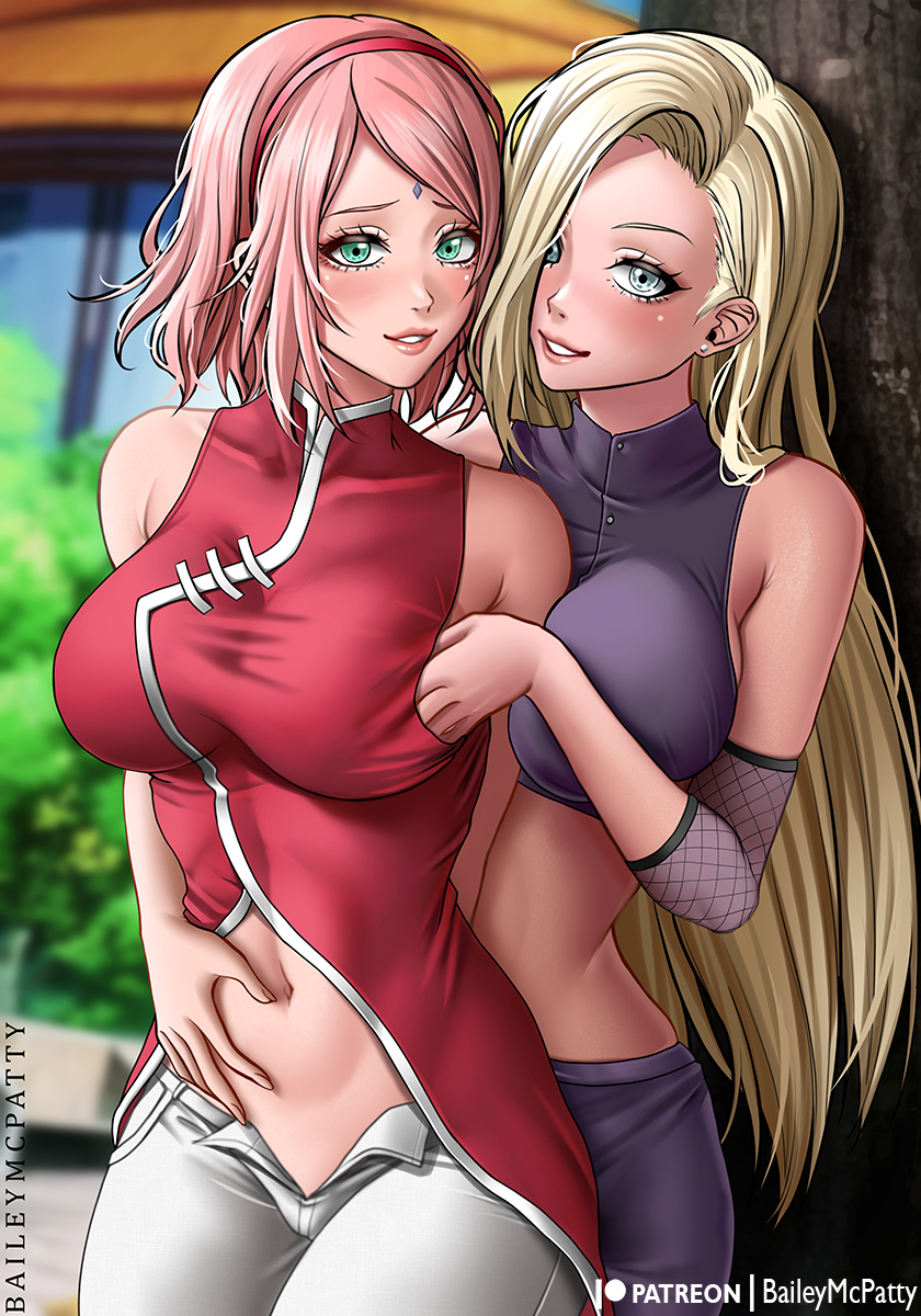 2girls, baileymcpatty, big breasts, blonde hair, blue eyes, bob cut, boruto: naruto next generations, breast grab, breasts, chinese clothes, crop top, dress, earrings, female, female only, female/female, grabbing, grabbing from behind, green eyes, hand under clothes, ino yamanaka, lipstick, long hair, makeup, mature, mature female, midriff, milf, multiple females, multiple girls, naruto, naruto (series), naruto: the last, open clothes, open pants, outdoors, pants, pink hair, sakura haruno, skirt, tree, unbuttoned, unbuttoned pants, upper body, very long hair, voluptuous, yuri