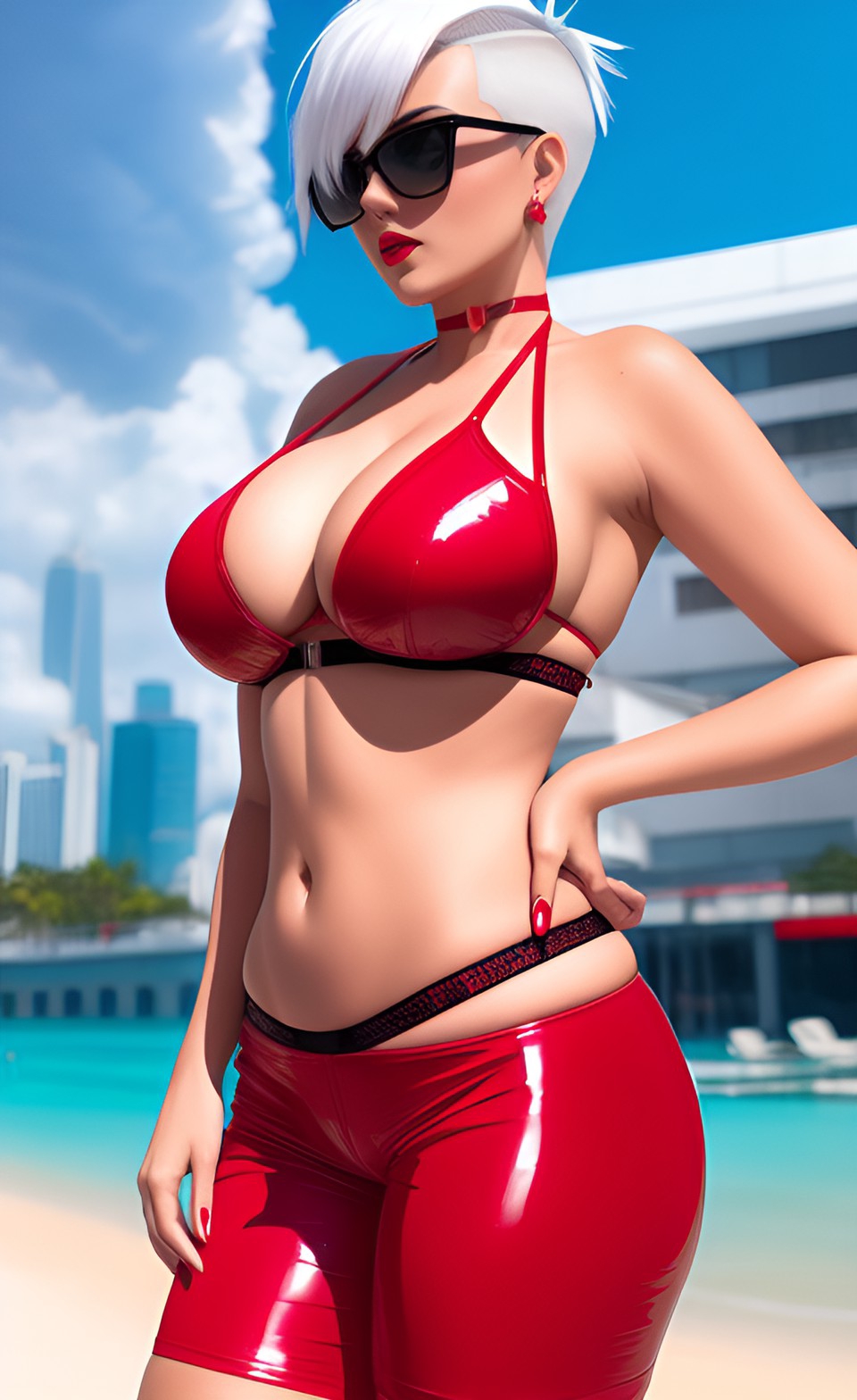 1girls 2023 ai_generated ai_hands alt_girl beach big_breasts choker cleavage clothed_female earrings female latex milf navel outside red_bikini_top red_lipstick red_shorts red_topwear shaved_side short_hair side_shave solo_female solo_focus sunglasses swimsuit tinted_eyewear water white_hair