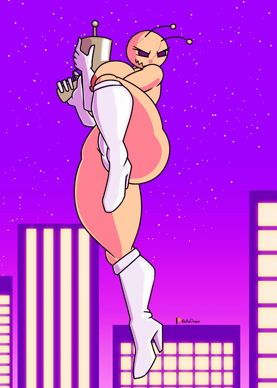 2017 absurd_res alien alien_girl alien_hominid alien_hominid_(character) big_ass big_breasts big_breasts big_butt big_nipples black_eyes boobs_visible_through_thighs breasts breasts_out breasts_outside city city_background clothed digital_art digital_media_(artwork) dodging escape escaping heels high_heels jumping laser_gun laser_pistol night night_sky parody parody_porn smile smiley_face sukoi_(artist) thick_ass thick_thighs white_boots white_clothing white_gloves yellow_body yellow_skin