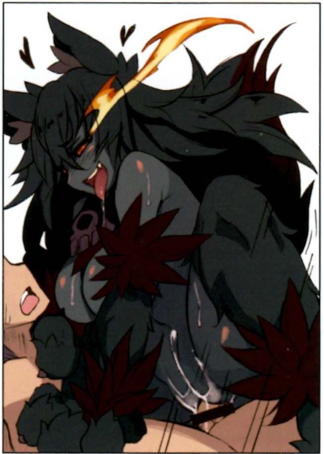 1boy 1girls animal_ears animal_hands animal_legs anthro dark_hair drooling female femdom fire_eyes girl_on_top hellhound hellhound_(monster_girl_encyclopedia) kenkou_cross male monster_girl monster_girl_encyclopedia sex straight tagme vaginal vaginal_penetration