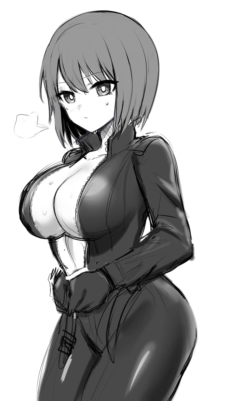 1girls, anonymous artist, big breasts, breasts, cleavage, clothed, clothing, curvy, female, female focus, female only, hana sunomiya, hi res, leather, medium hair, monochrome, navel, please don't bully me, nagatoro, revealing clothes, simple background, solo, solo female, sweat, white background, white hair, wide hips, zipper pull tab