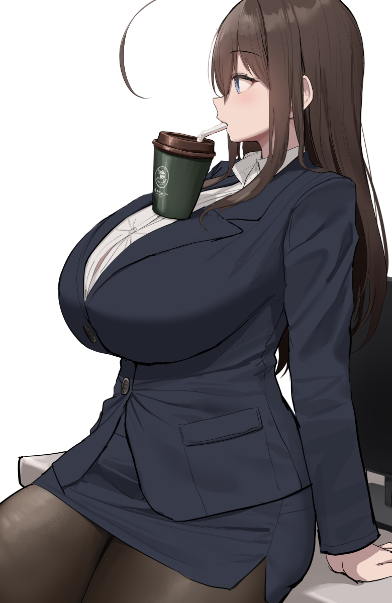 1girls, ahoge, blue eyes, breasts, brown hair, clothed, curvy, drink, female, hips, huge breasts, light skin, light-skinned female, long hair, massive breasts, oekakizuki, office lady, original, original character, plump, thick thighs, thighs, wide hips