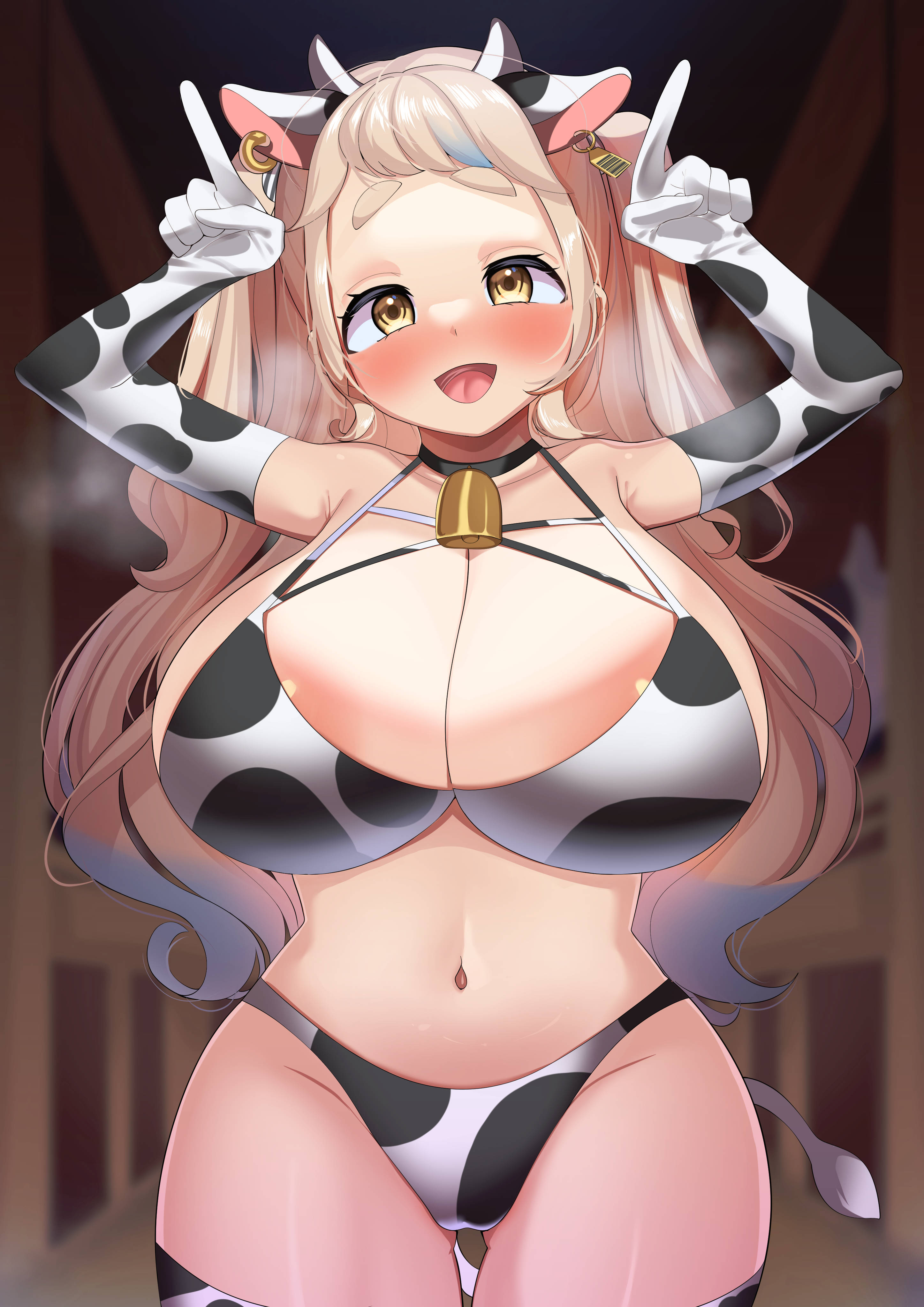 1girls, animal tail, armpits, arms up, bare midriff, bare shoulders, bell, bell collar, belly button, big breasts, bikini, blue hair, blush, blushing, breasts, breath cloud, cleavage, collar, cow bell, cow bikini, cow ears, cow girl, cow horns, cow print, cow print armwear, cow print bikini, cow print legwear, cow print thighhighs, cow tail, cowbell, cream hair, ear piercing, ear tag, exposed shoulders, exposed torso, female, hi res, highres, horns, horns gesture, huge breasts, karin (a62826704), large breasts, legwear, long gloves, looking at viewer, machita chima, midriff, navel, nijisanji, open mouth, pointing up, shortstack, solo, solo female, solo focus, steam, steaming body, steamy breath, stockings, tail, twintails, two-tone hair, virtual youtuber, yellow eyes