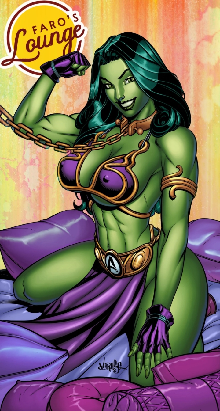 1girls abs artist_name big_breasts chain_leash faro's_lounge female female_only fingerless_gloves flexing_bicep gloves green-skinned_female green_body green_eyes green_hair green_skin hulk_(series) jose_varese large_breasts leash_and_collar marvel marvel_comics muscles muscular muscular_female nipple_bulge on_knees pokies she-hulk simple_background slave slave_collar slave_leia_(cosplay) slave_outfit slavegirl smile smiling solo solo_female straight_hair thighs