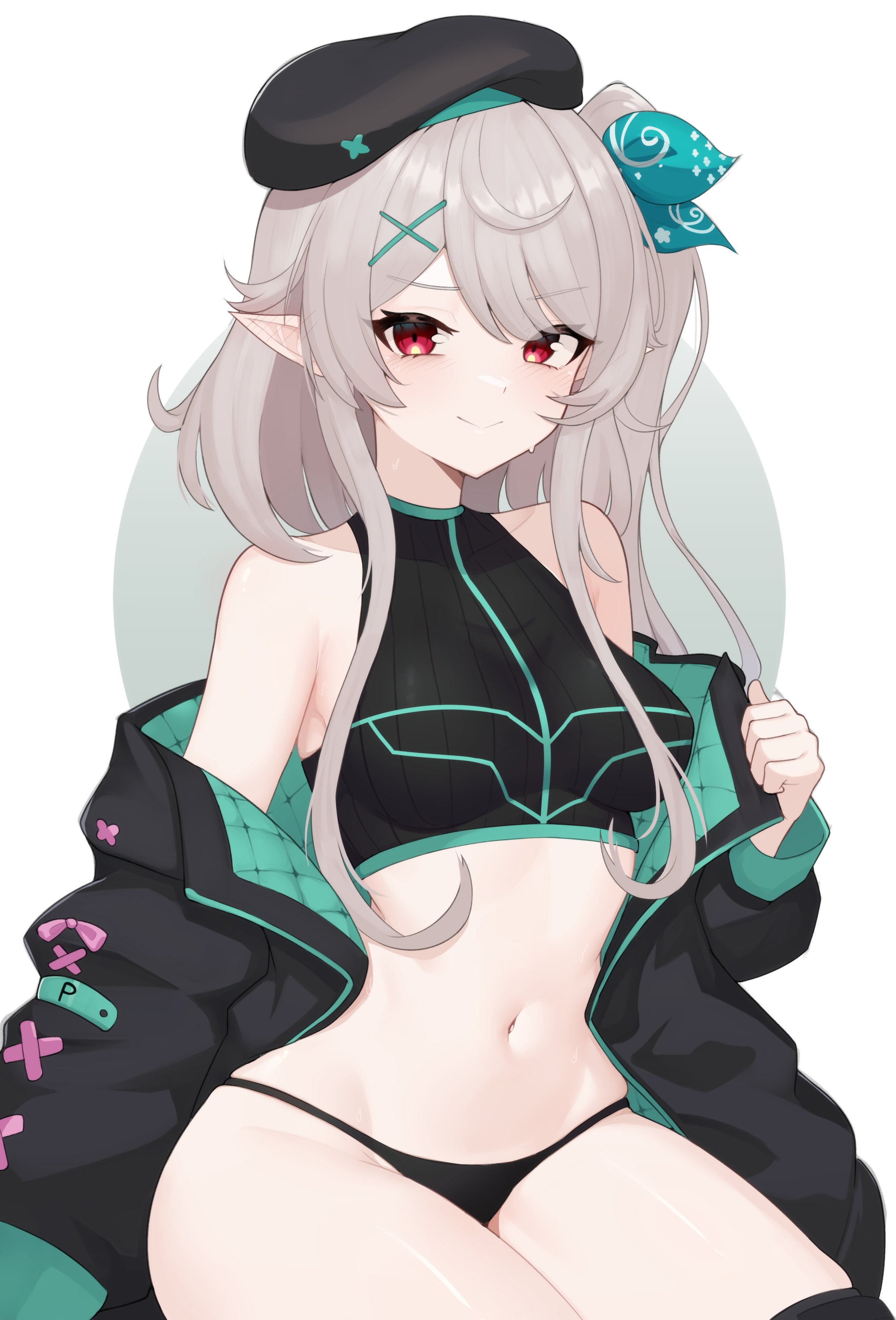 1girls, bare midriff, bare shoulders, belly button, beret, black panties, breasts, coat, coat on shoulders, crop top, exposed shoulders, exposed torso, female, grey hair, hat, hi res, highres, jacket, medium breasts, midriff, moursho, navel, nijisanji, nijisanji en, no pants, off shoulder, open coat, open jacket, panties, pointy ears, pomu rainpuff, red eyes, silver hair, solo, solo female, solo focus, tight clothing, tummy, virtual youtuber, x hair ornament