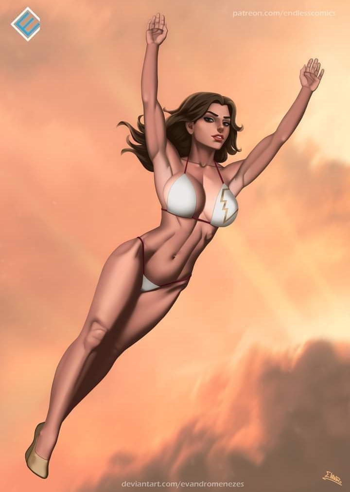 1girls artist_request black_hair breasts dc dc_comics female female_only flying heroine human light-skinned_female light_skin mary_batson mary_marvel shazam_(series) solo solo_female straight_hair superheroine underwear wide_hips