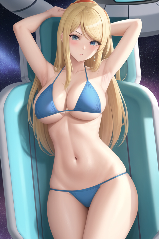 1girls, ai generated, armpits, arms behind head, big breasts, bikini, blonde hair, blue bikini, breasts, busty, female, female only, hourglass figure, large breasts, legs, long hair, looking at viewer, metroid, navel, nintendo, pose, posing, samus aran, sensual, sexy armpits, thighs