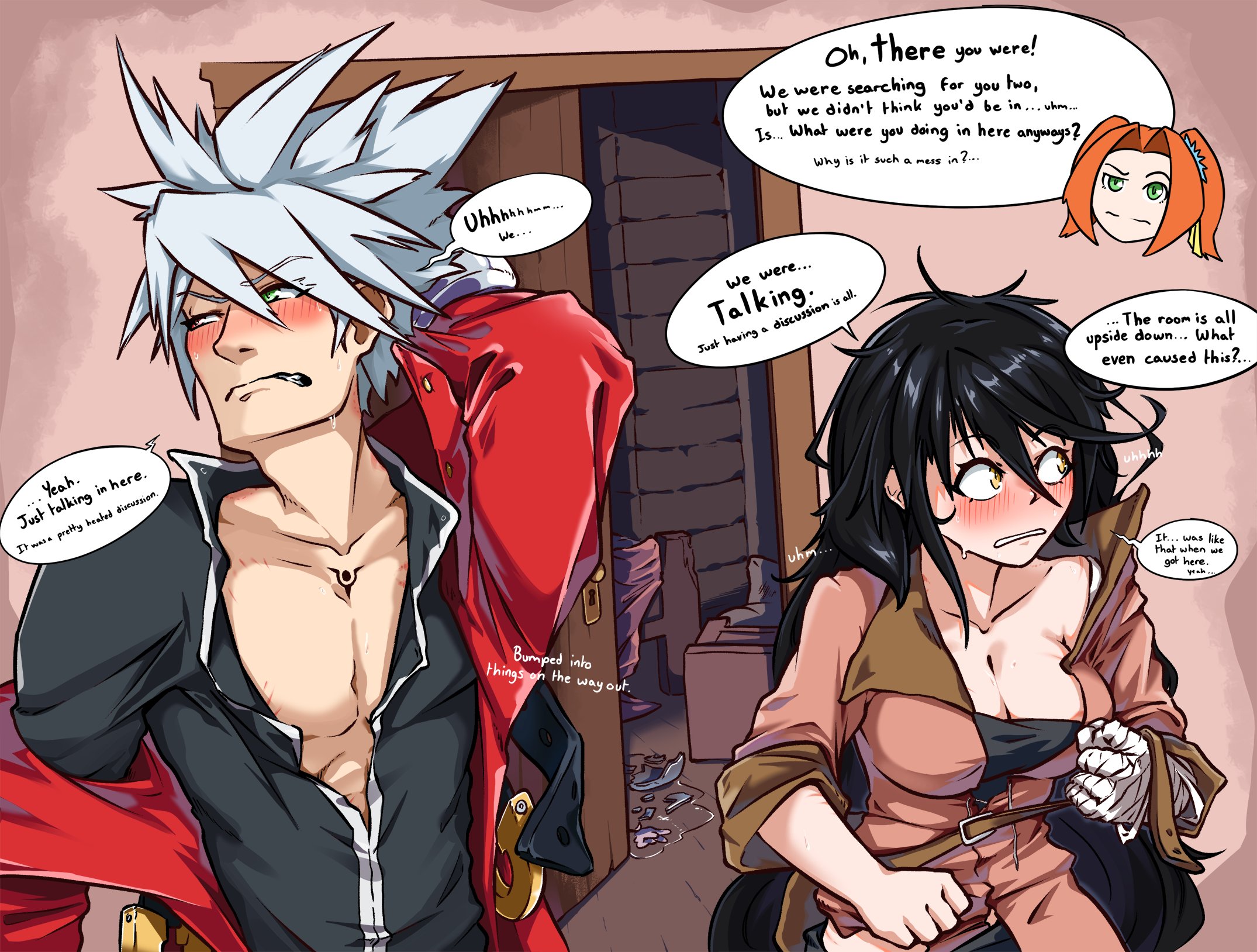 1boy, 1girls, arc system works, black hair, blazblue, blush, camerata, caught in the act, crossover, dialogue, eleanor hume, embarrassed, female, male, ragna the bloodedge, tales of (series), tales of berseria, text, velvet crowe