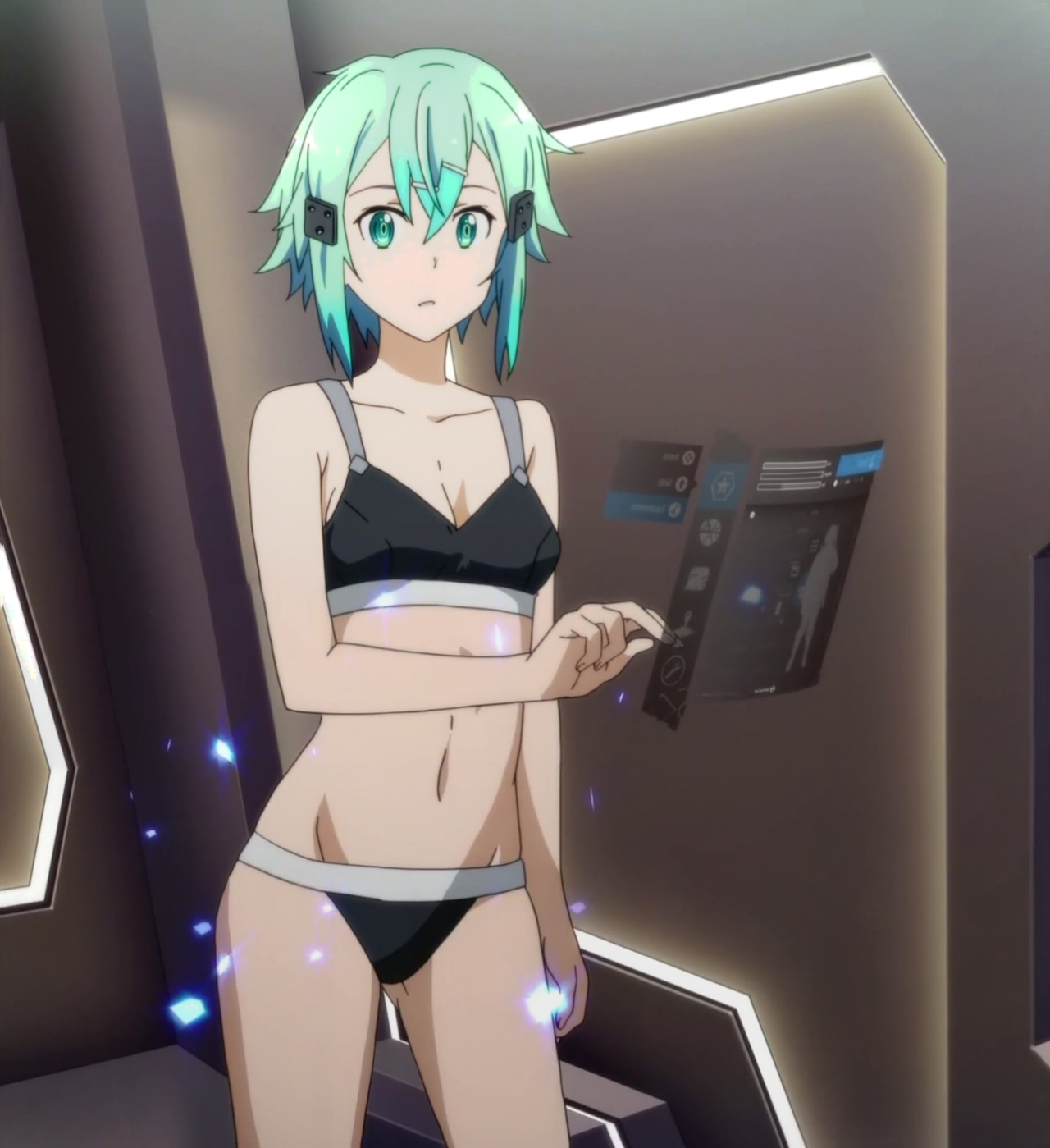 asada shino, blue hair, female, gun gale online, lingerie, screenshot, sinon, stitched, sword art online