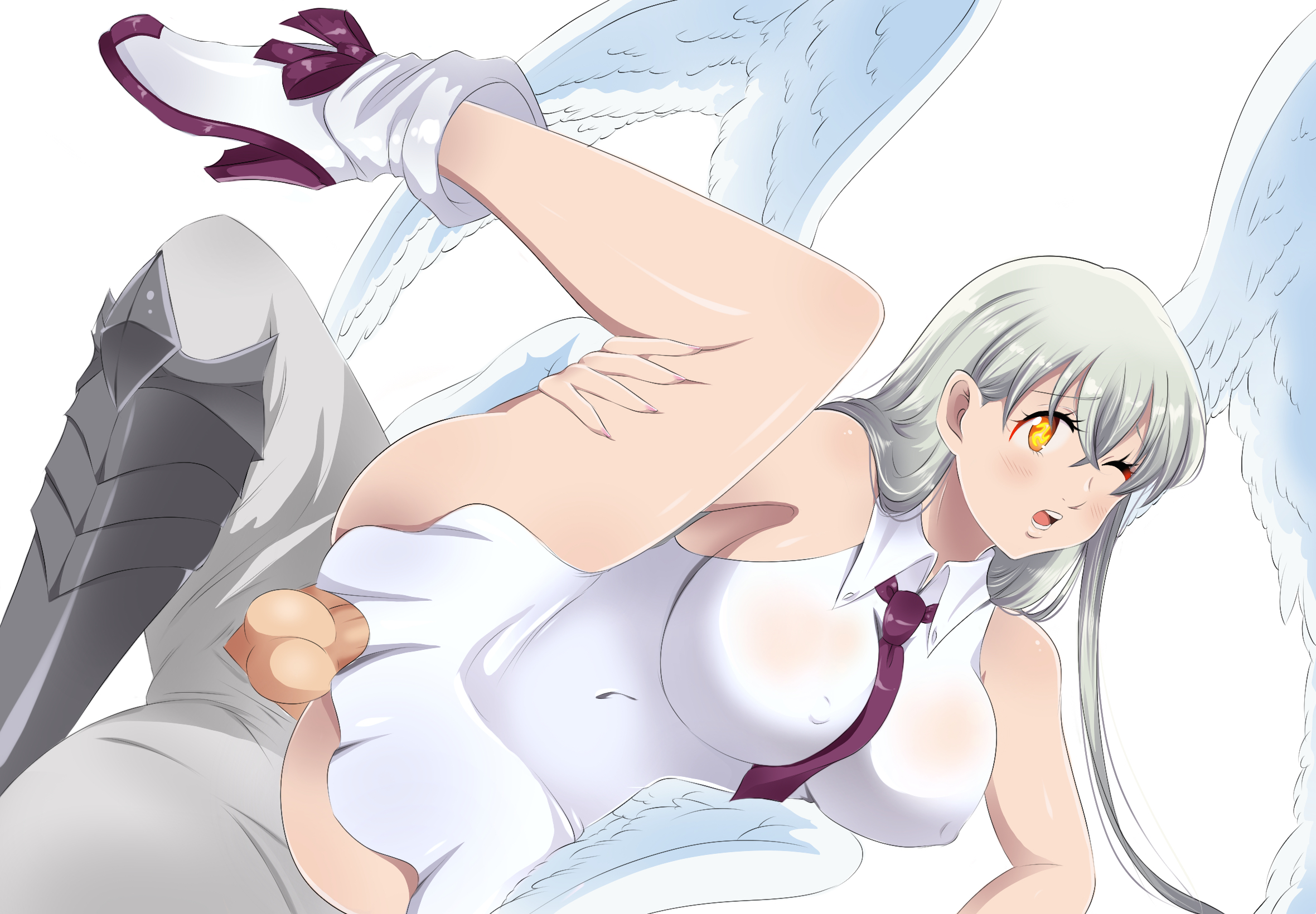 1boy, 1girls, arthur pendragon (nanatsu no taizai), big breasts, big penis, breasts, clothed, elizabeth liones, female, legs up, male, nanatsu no taizai, penetration, penis, pleasure face, silver hair, the seven deadly sins