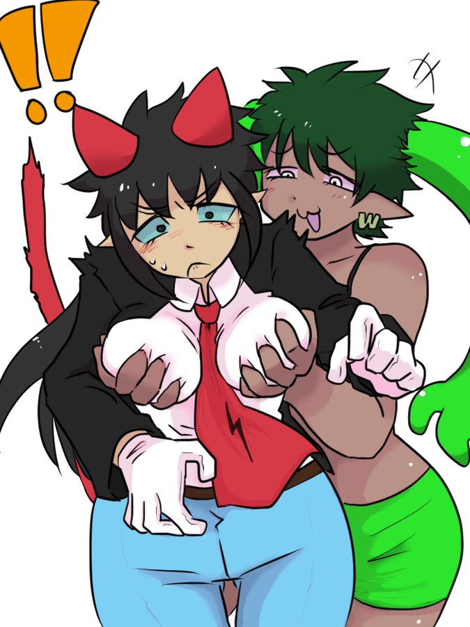 !! big_breasts black_hair black_suit black_tank_top blue_sclera blush brown-chan cat_ears cat_tail catgirl da-da dark_green_hair ear_hands fully_clothed gloves grabbing_breasts green_ears green_shorts human humanized kemonomimi kobayashi_(teach_the_cat) light_blue_pants oyasaioni9 pink_sclera red_ears red_tail red_tie rule_63 smug sweat tanned_female tanned_skin teach_the_cat white_eyes white_gloves white_shirt