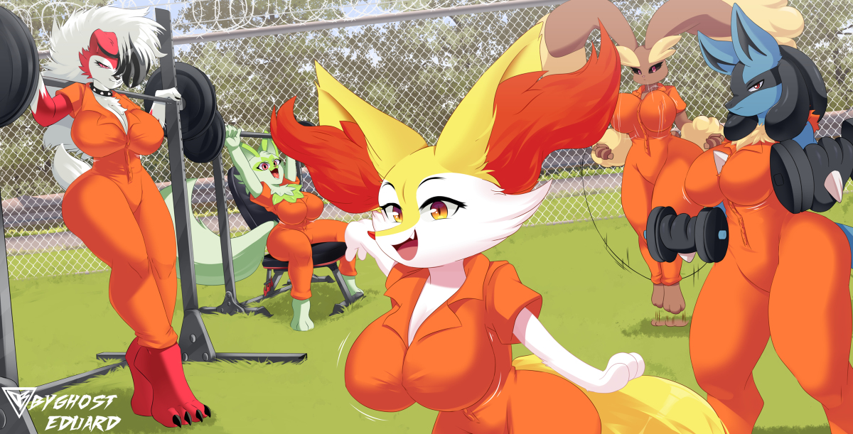 2023, 5girls, absurd res, anthro, anthrofied, artist logo, artist signature, ass, athletic, athletic anthro, athletic female, barbell, big ass, big breasts, big butt, big hips, blue body, blue fur, bouncing breasts, braixen, breasts, brown body, brown fur, byghosteduard, canid, canine, canis, clothing, color, domestic dog, dumbbell, ears up, felid, feline, female, female focus, female only, field, fox, fur, furry, furry only, generation 4 pokemon, generation 6 pokemon, generation 7 pokemon, generation 9 pokemon, green background, green fur, grey body, group, group picture, happy, hi res, hips, jump rope, jumping, jumpsuit, lagomorph, leporid, lopunny, lucario, lycanroc, mammal, midnight lycanroc, motion lines, multicolored body, multicolored ears, multicolored fur, multicolored tail, multiple females, multiple girls, nintendo, orange clothing, orange eyes, orange jumpsuit, pokemon, pokemon (species), pokemon sv, prison, prison clothes, prison uniform, prisoner, rabbit, rabbit ears, red body, red eyes, red fur, shaded, simple background, simple shading, smile, smiling at viewer, solo female, solo focus, sprigatito, tail, teeth, thick thighs, training, uniform, white body, white fur, wide hips, yellow body, yellow fur