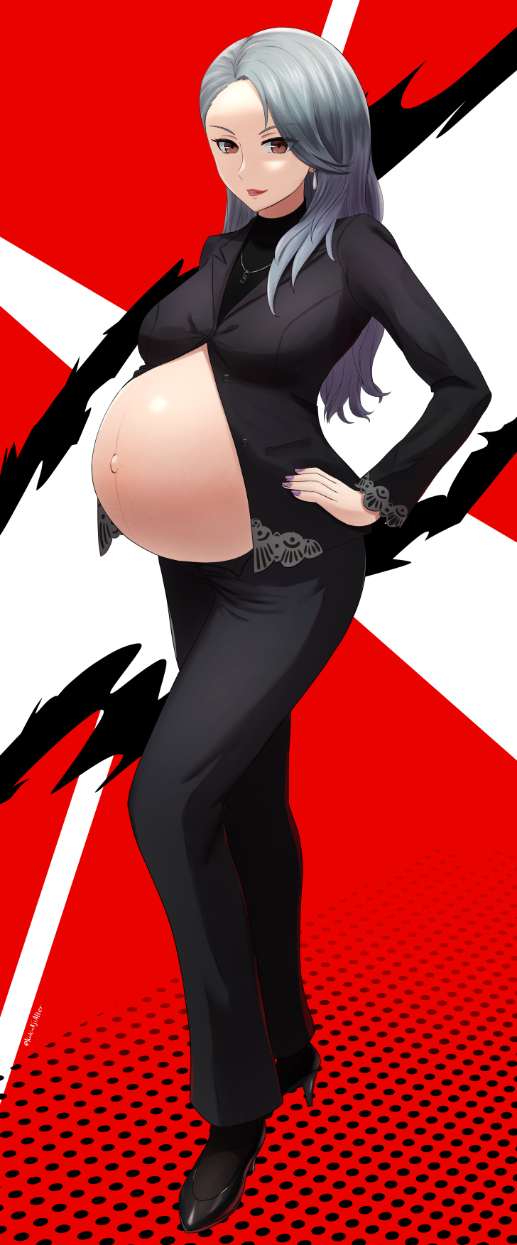 1girls altus big_belly big_breasts breasts brown_eyes business_suit female female_only grey_hair hands_on_hips heels high_heels kaku-c_ajialter large_breasts medium_breasts megami_tensei persona persona_5 pregnant ready_to_pop sae_niijima sega silver_hair