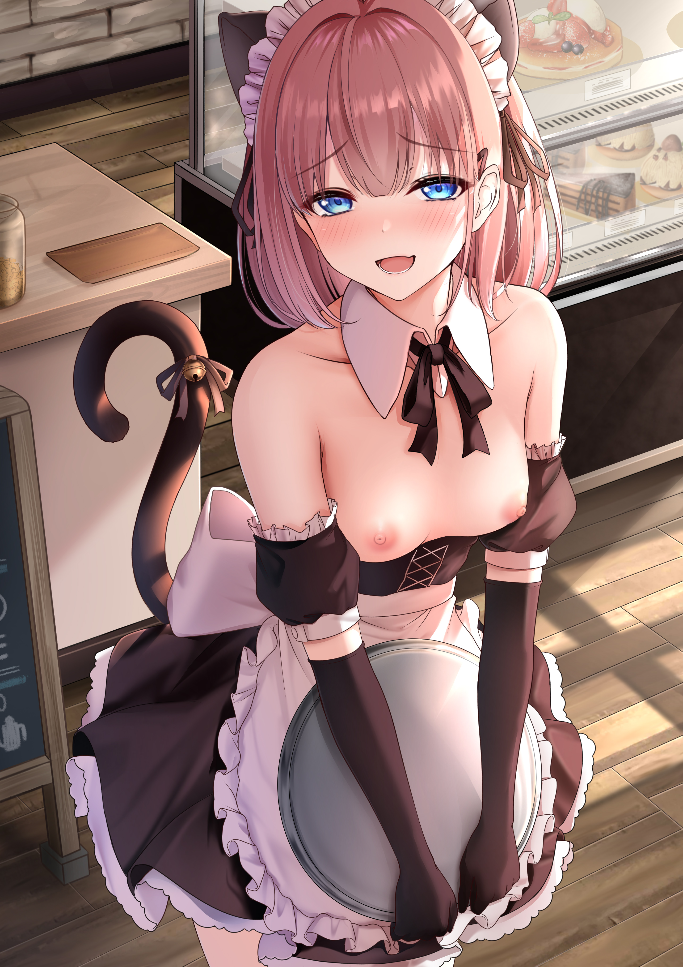 animal ears, apron, bangs, bare shoulders, black dress, black gloves, blue eyes, blush, breasts, breasts out, brown hair, cat ears, cat tail, cleavage, collarbone, detached collar, dress, elbow gloves, female, gloves, highres, koakuma-chan (monaka curl), looking at viewer, maid, maid headdress, medium breasts, monaka curl, nipples, open mouth, original, smile, tail, tray, waist apron