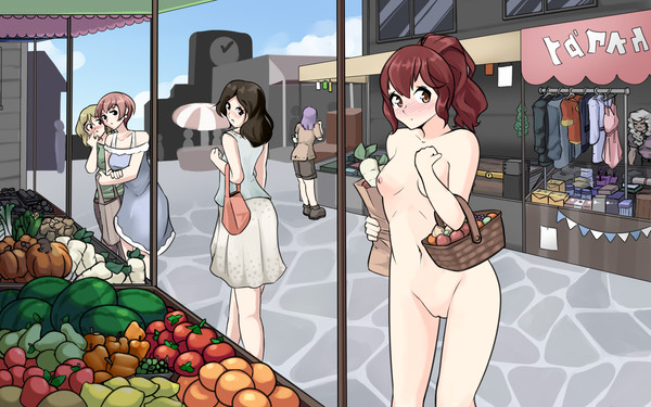 amber_eyes anewenfartist anna_(fire_emblem) anna_(fire_emblem_fates) basket blush blushing breasts clothed/nude clothed_female clothed_female_nude_female completely_nude completely_nude_female embarrassed embarrassed_nude_female enf exhibitionism female female_focus female_only fire_emblem fire_emblem_fates full_body market naked naked_female nintendo nude nude_female only_one_naked pussy red_hair shopping