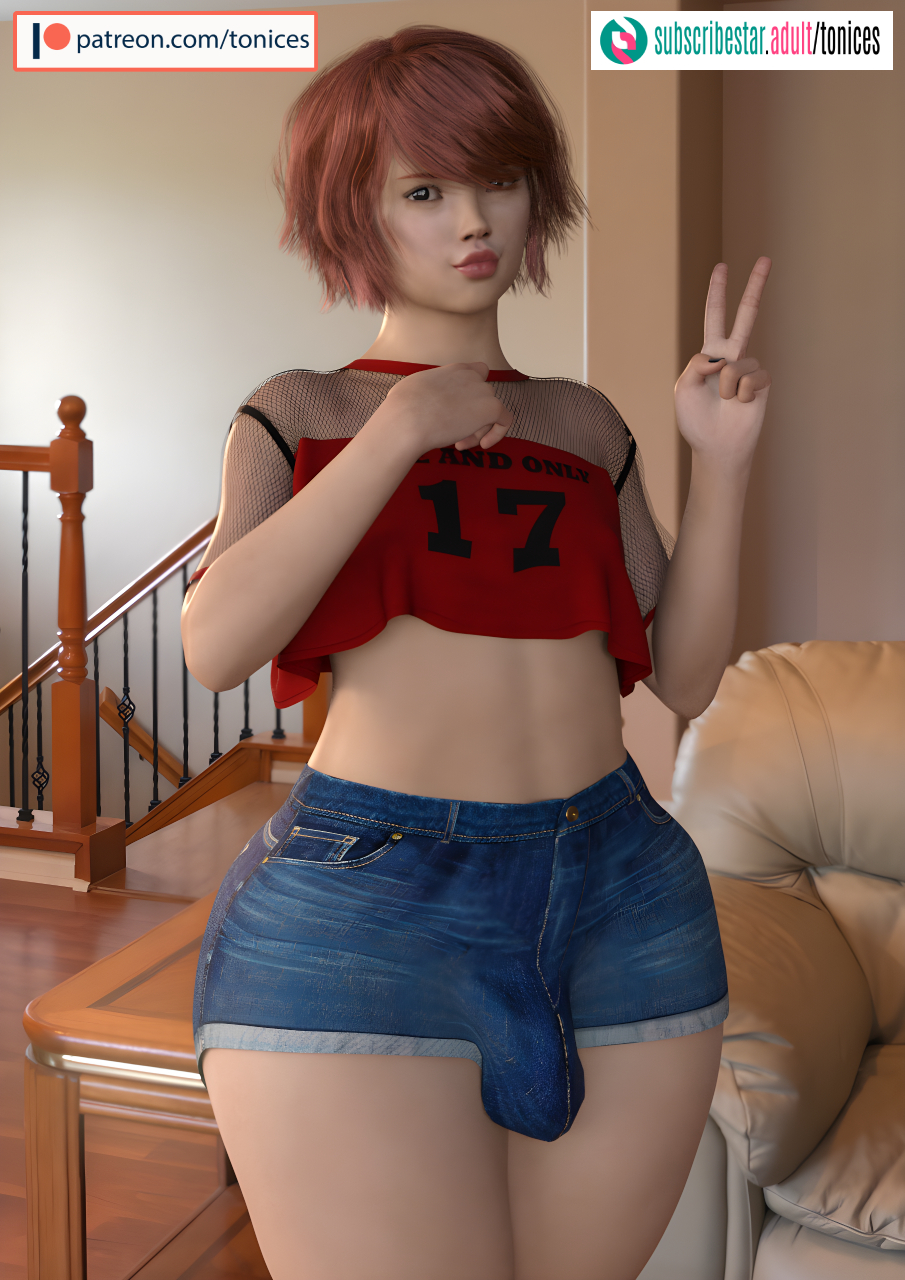 1boy, 1femboy, 3d, 3d (artwork), alex (tonices), alexander monroe, bulge, crop top, femboy, feminine male, girly, jean shorts, male, male only, original, original character, otoko no ko, peace sign, red hair, short hair, shorts bulge, solo, tagme, thick thighs, tonices, trap, v, wide hips
