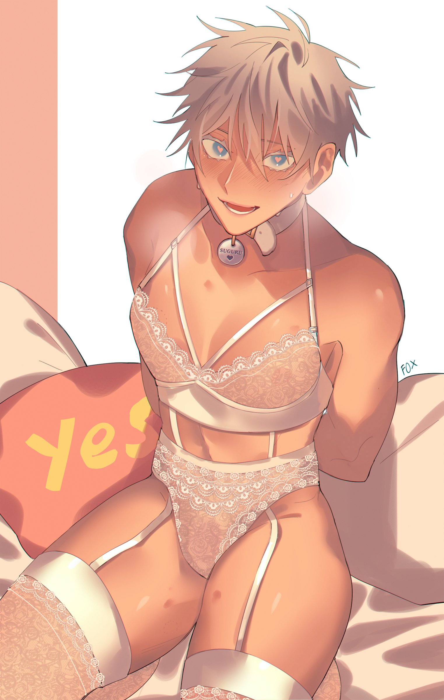blue eyes, breathing, crossdressing, femboy, feminine male, feminization, gay, happy, horny male, jujutsu kaisen, lingerie, looking at viewer, male, male only, satoru gojo, solo, suguru geto, thick thighs, twunk, visible breath, white hair, yaoi