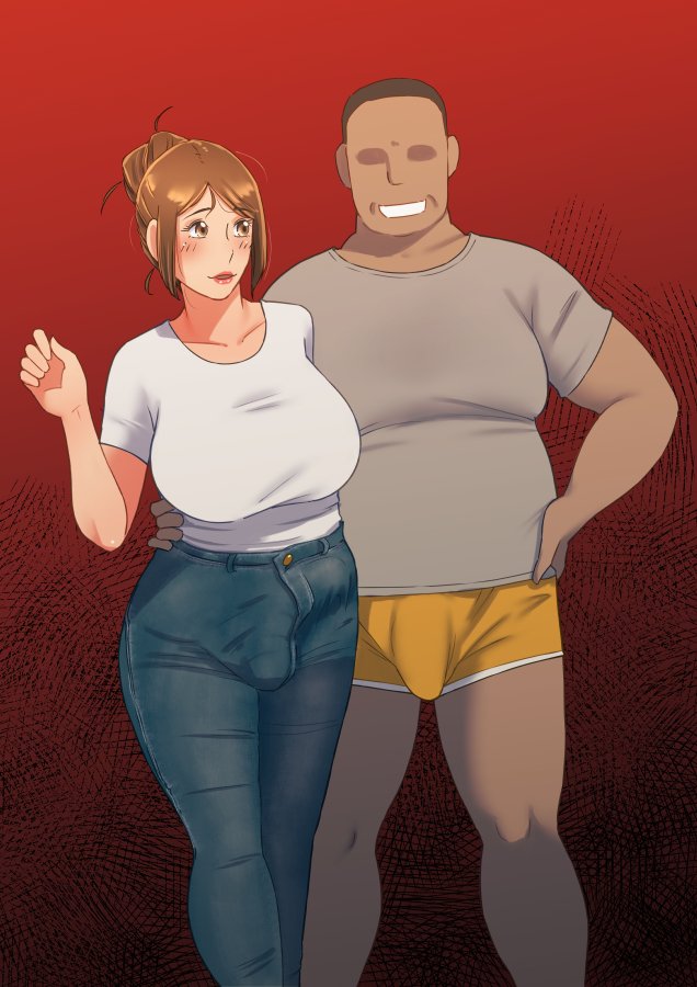 1boy 1futa big_breasts big_penis breasts brown_eyes brown_hair bulge clothed clothing dark-skinned_male dark_skin duo faceless faceless_male fat_man flaccid fully_clothed futa_is_bigger futa_with_male futanari hand_on_waist human jeans large_breasts light-skinned_futanari light_skin lipstick male mature mature_futa overweight overweight_male shirt short_hair speegel standing supi_(inner_map) underwear